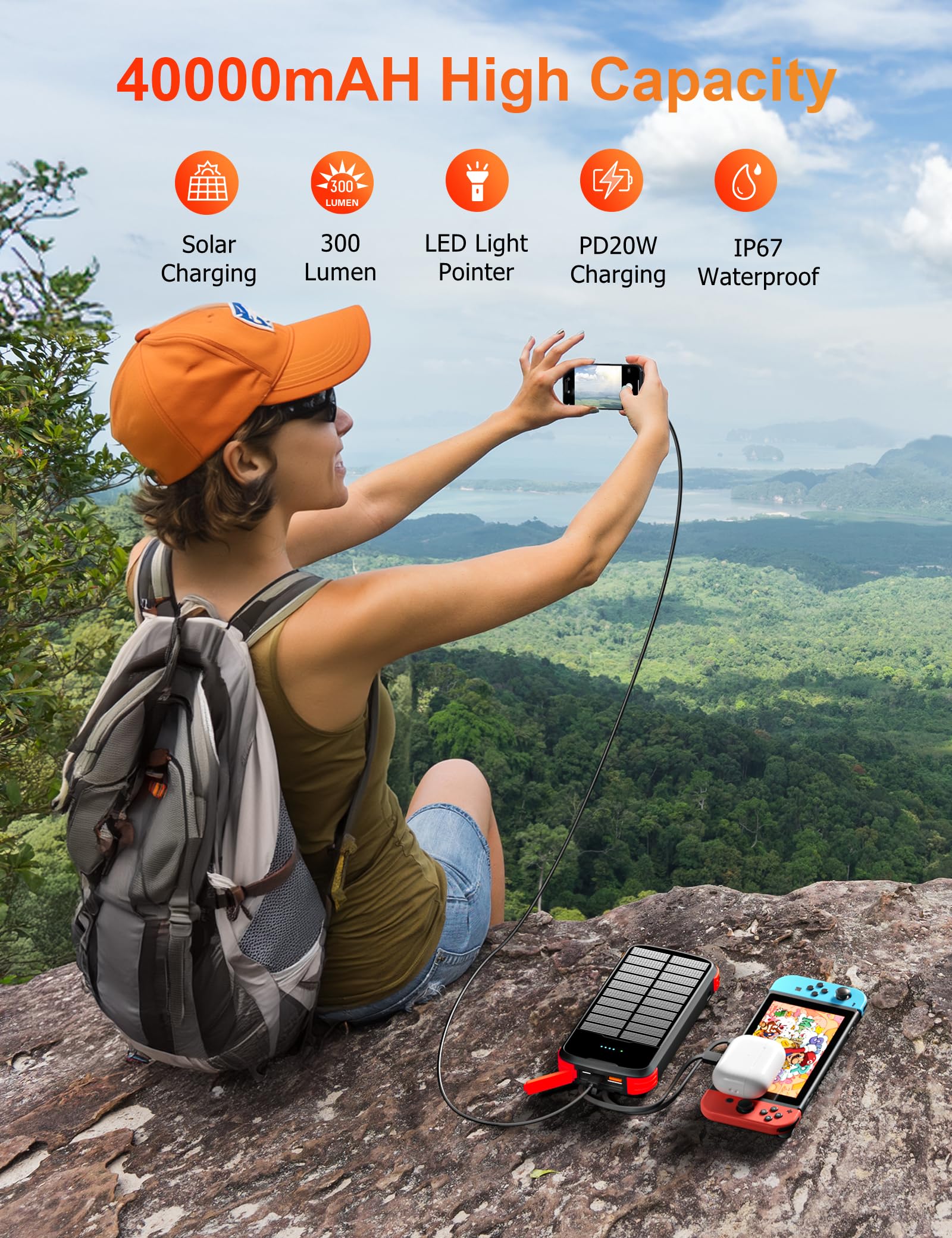MINRISE Cargador de banco de energía solar, cargador de teléfono portátil de 40000 mAh integrado en 4 cables con entrada y salida USB C, cargador portátil de carga rápida PD de 20 W, batería externa