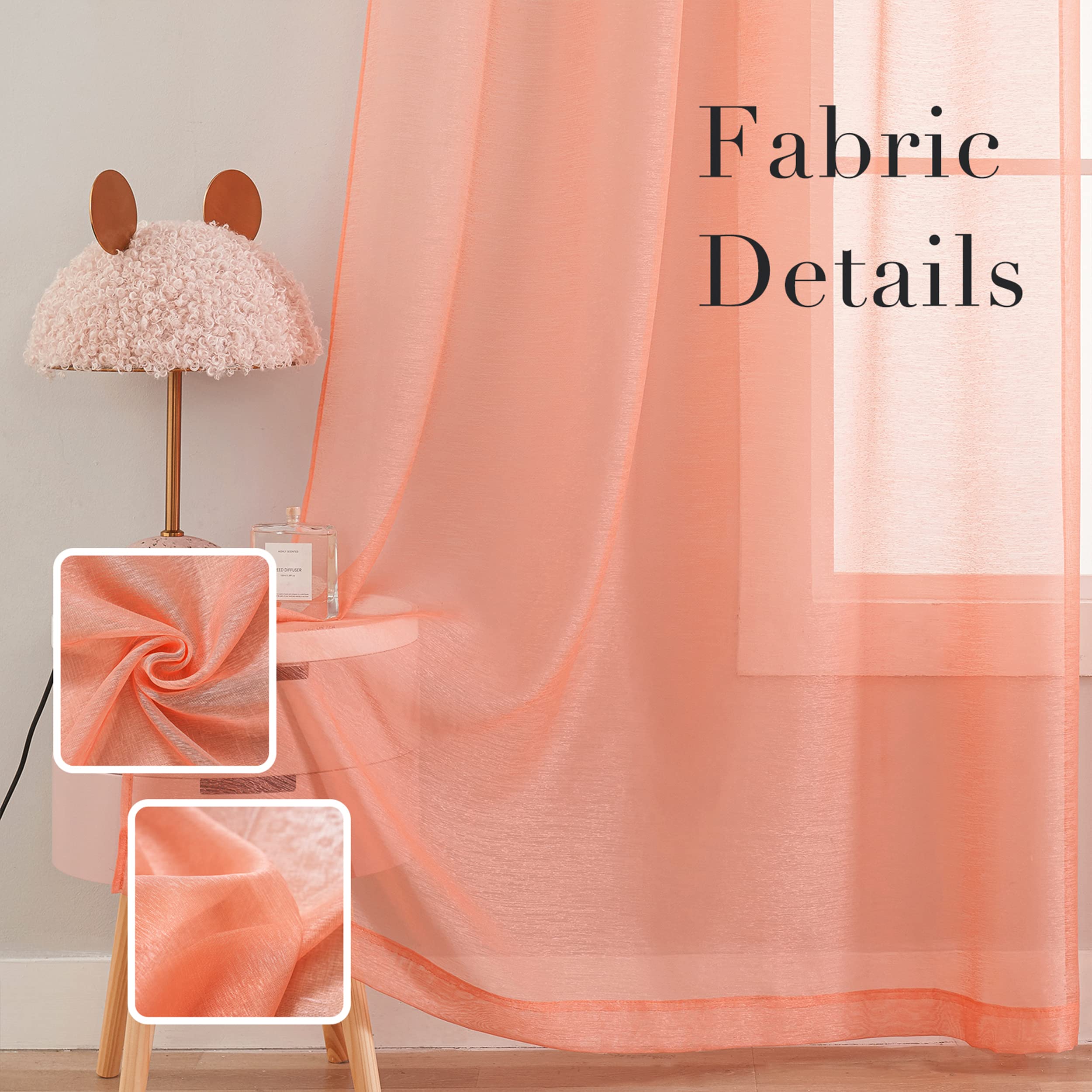 TOAVA DECO Coral Sheer Curtains - 2 Panels 52x63 Inches, Grommet Top Light Filtering Sheers
