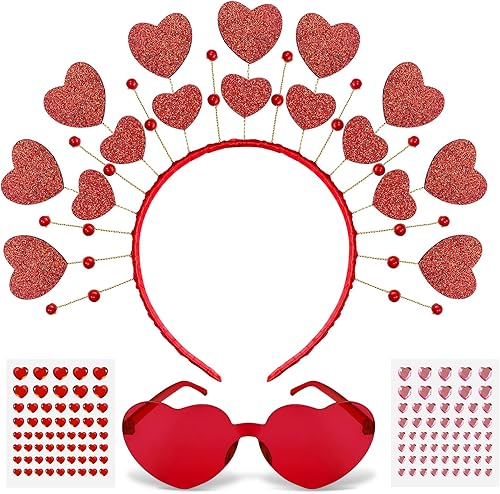 Miniatura 2 de Bnikion Diadema de corazón rojo, diadema para el día de San Valentín y lentes de sol de corazón con gemas de corazón rojo y rosa para mujeres y