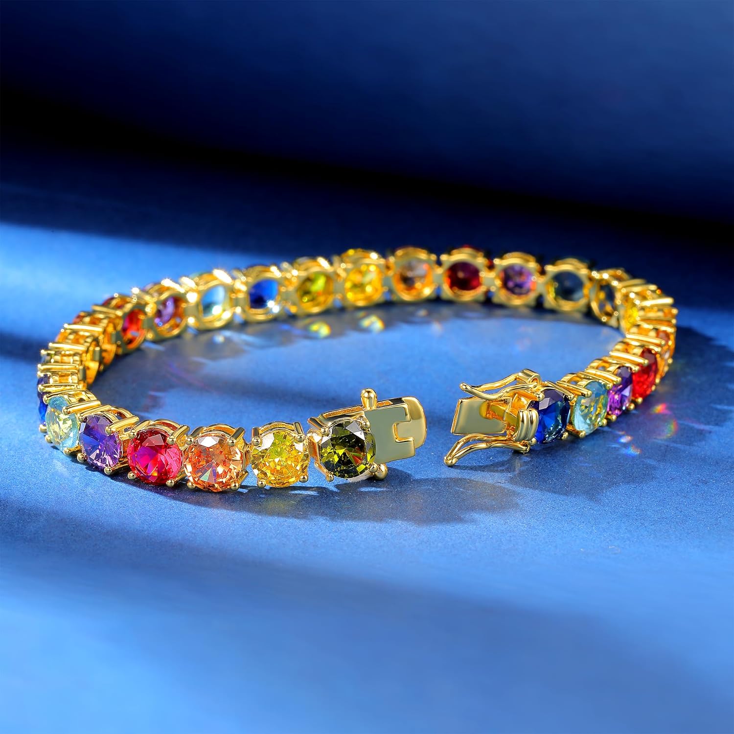 Gemsme 6.0mm Colored Cubic Zirconia Tennis Bracelet for Women, 6MM 18K White/Yellow Gold Plated Cubic Zirconia Rainbow Tennis Link Bracelet - Image 4