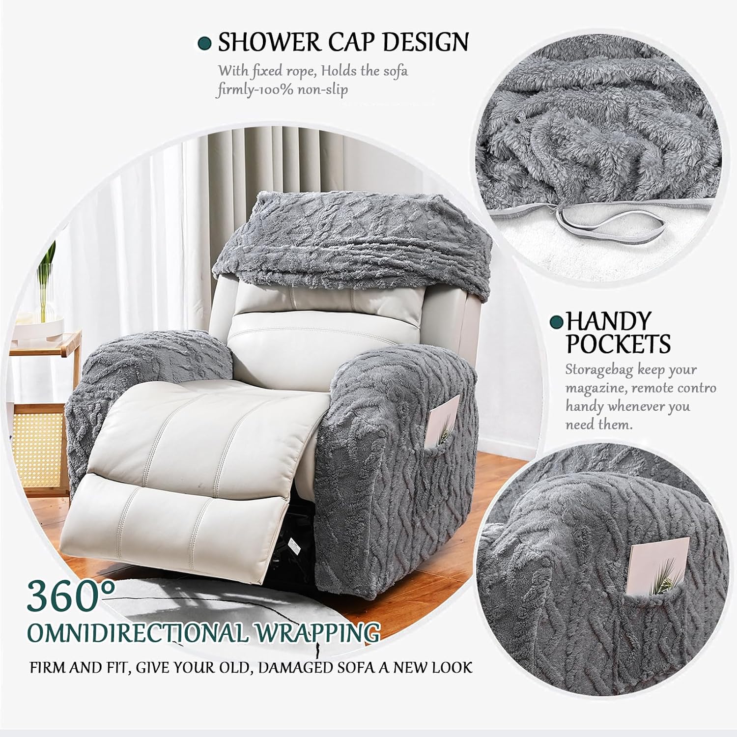 Sofa Armrest Cover, Headrest Cover for Recliner Sofa 4pcs Jacquard Plush Recliner Chair Covers, Stretch Recliner Sofa Slipcover for Armchairs, Recliner, Chair, Sofa (Grey,2 Seater | 6 PCS)