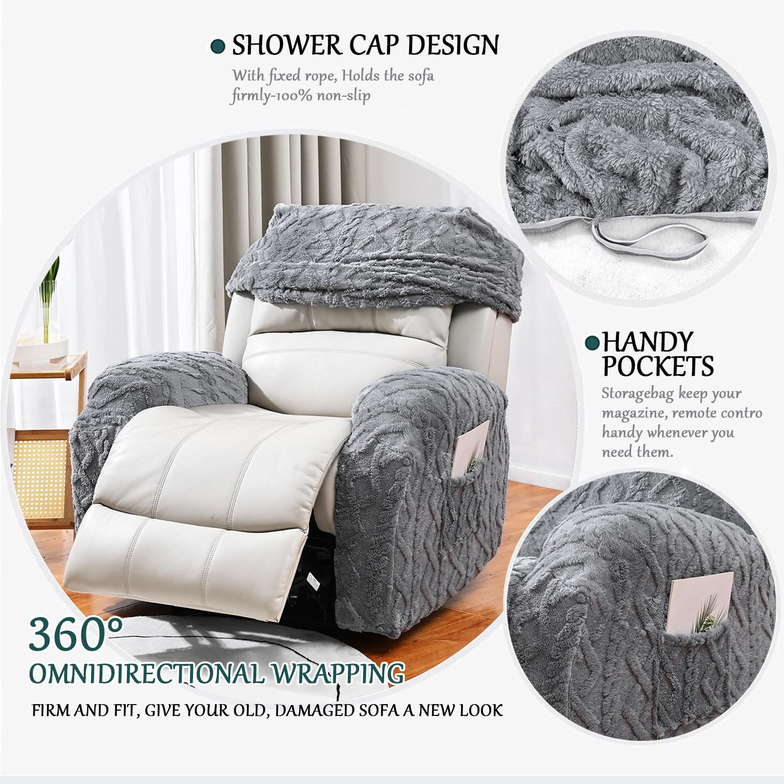 Velluto Copripoltrona Relax Reclinabile Elettrica Universale con Tasche Fodera per Poltrona, Peluche 1/2/3 Posto Copripoltrona Reclinabile Coprisedile (Grigio,2 posti | 6 PZ)