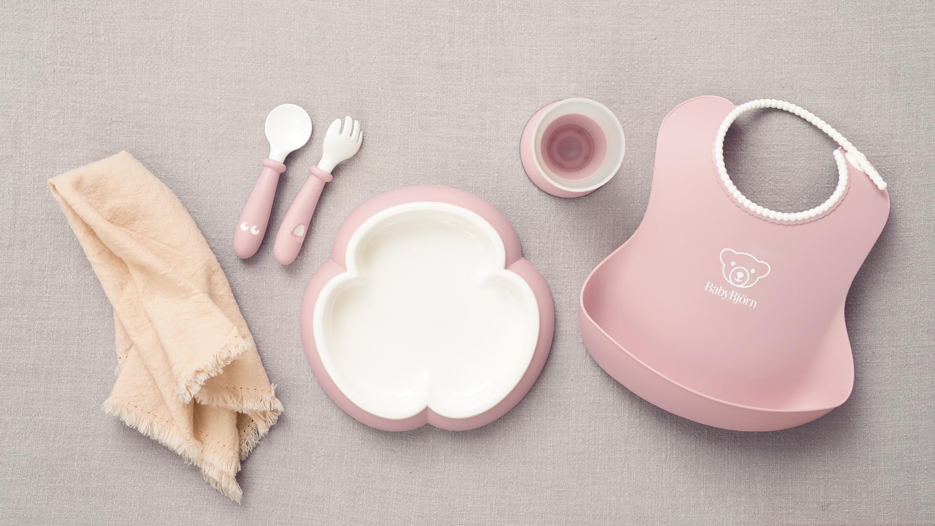Bundle of BabyBjörn Coffret Repas Bébé lot de 5, Rose pastel + Rehausseur de Chaise, Blanc