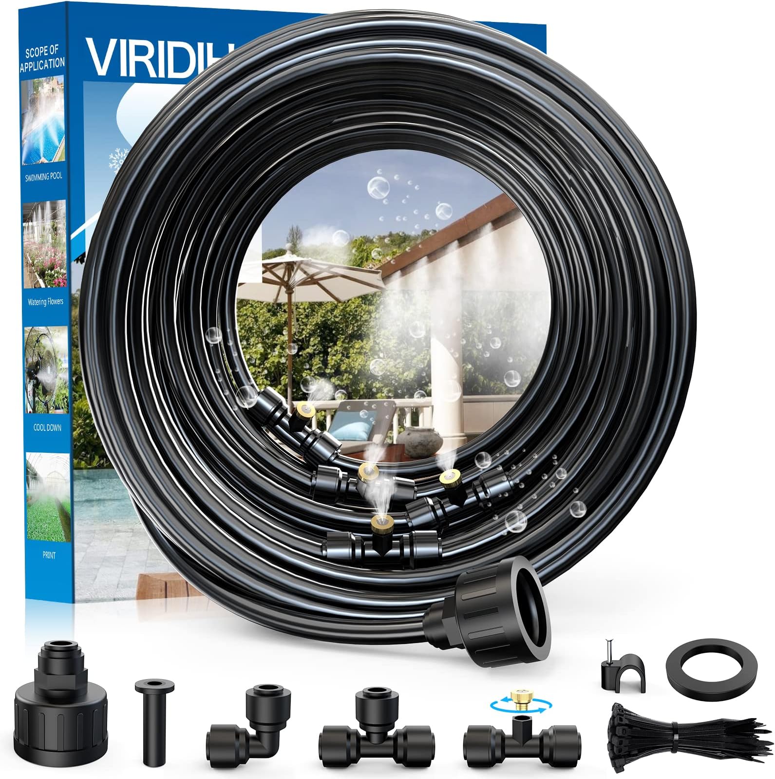 Misting Systems, Misters for Outside Patio, 100FT Misting Cooling System+30 Brass Mister System+2 PE Antioxidant Adapters 3/4"+2 Tee Adapters+2 90 Degree Elbows for Pasture, Garden, Greenhouse, Gazebo
