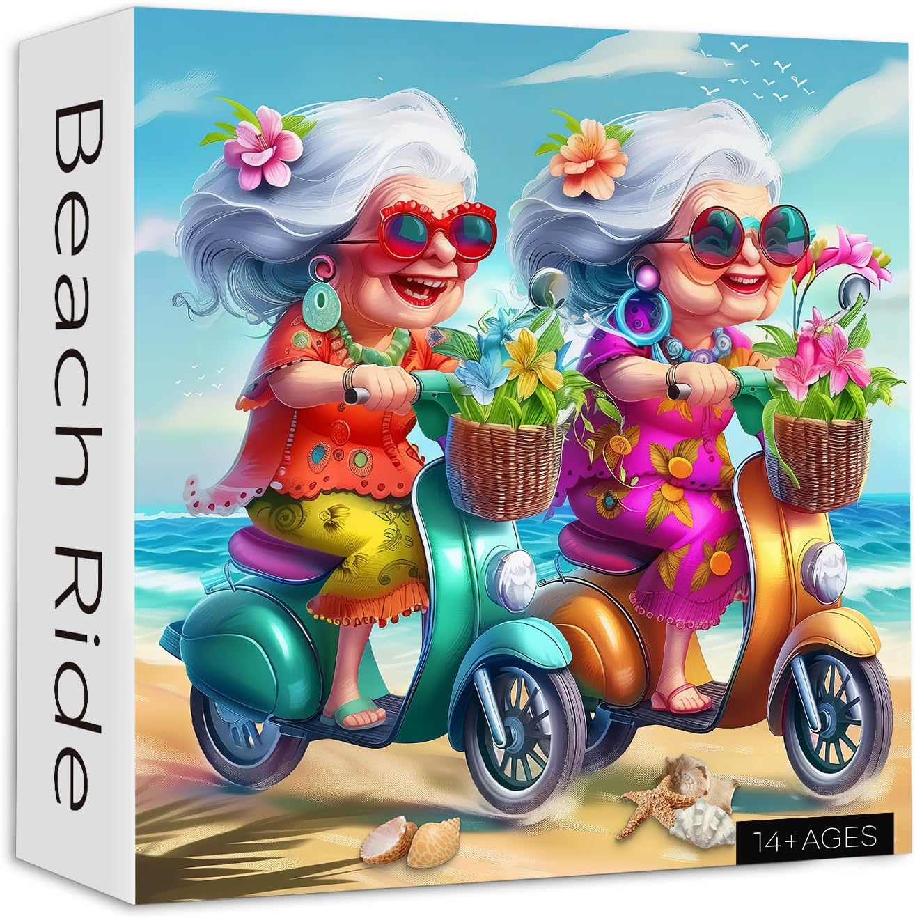 Summer Beach 1000 Piece Puzzle for Adults, PICKFORU Funny Beach Ride Jigsaw Puzzles, Unique Difficult Grandma Motorcycle Theme as Home Decor