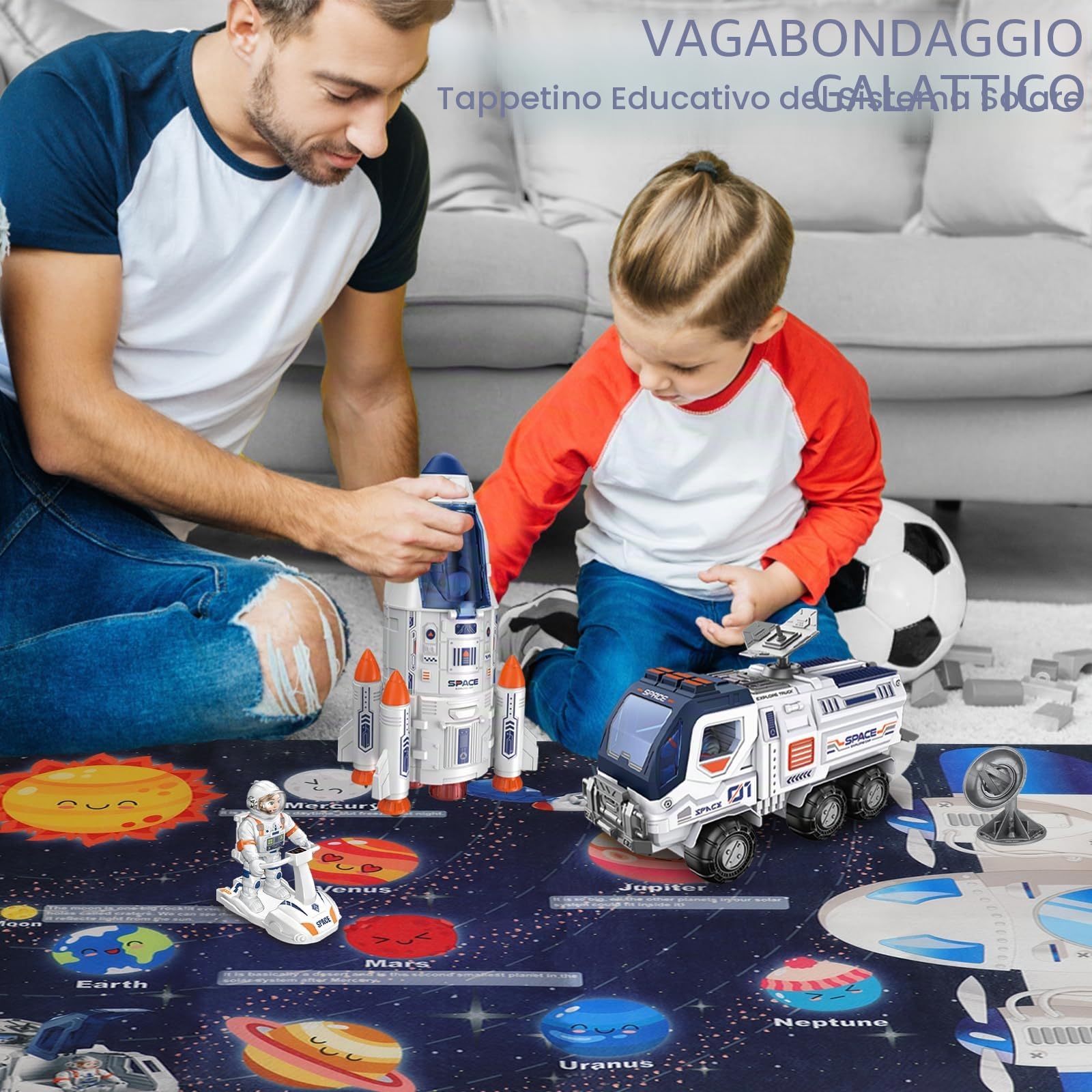 deAO Razzo e Navetta Spaziale per Bambini 3+, Giocattolo Educativo STEM con Astronauti, Rover, Stazione Spaziale e Tappetino Sistema Solare