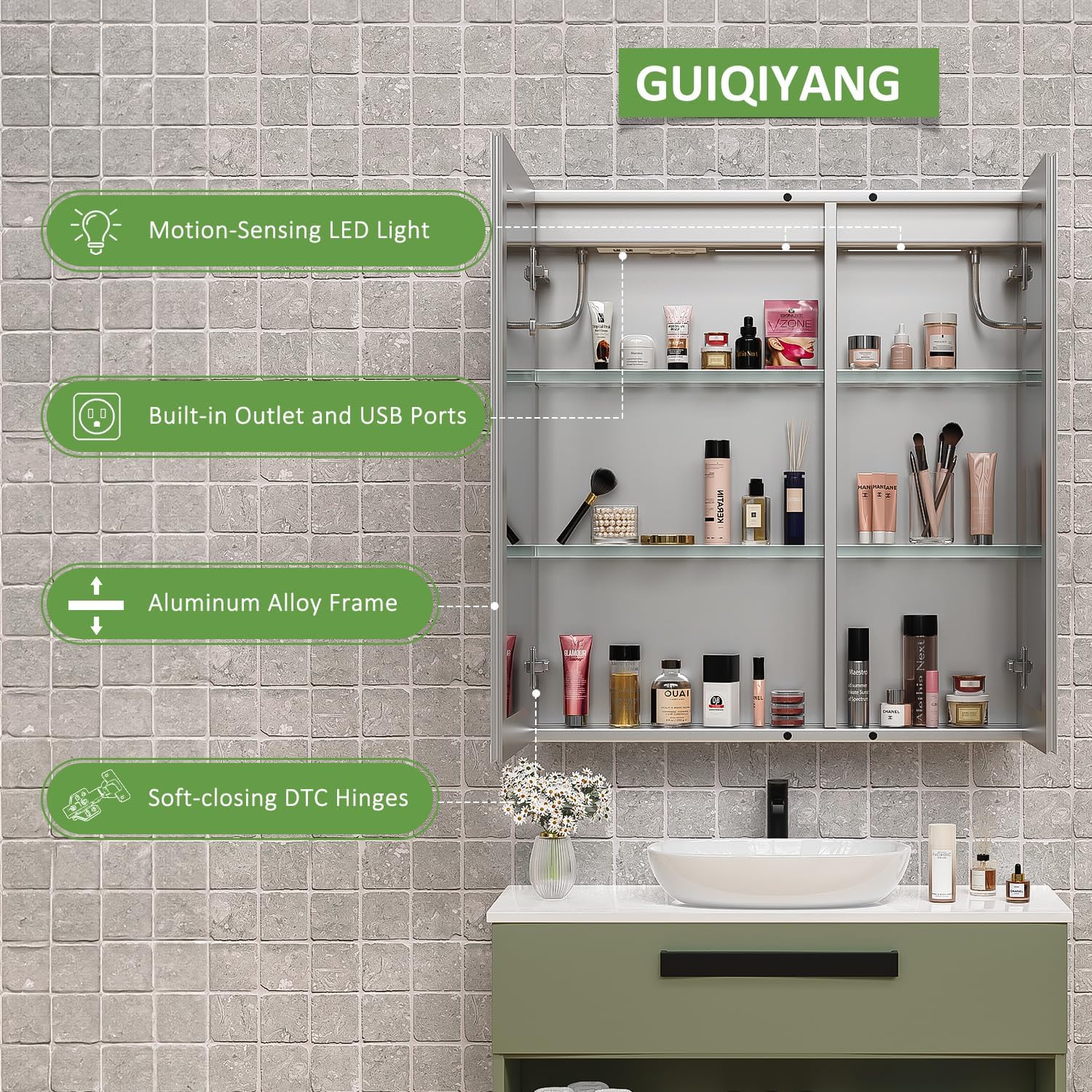 Medicine Cabinet with Lights, Bathroom LED Mirror Cabinet with Storage, Anti-Fog & 3 Color Lights, Recessed or Wall Mounted (30X32 in)