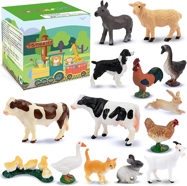 TOYMANY 14PCS Mini Farm Animal Figures Toy, Detailed Texture Farm Figurines Cake Topper Toy Set, Easter Egg Christmas Birthday Gift Party Favor School Project for Kids Children Toddlers