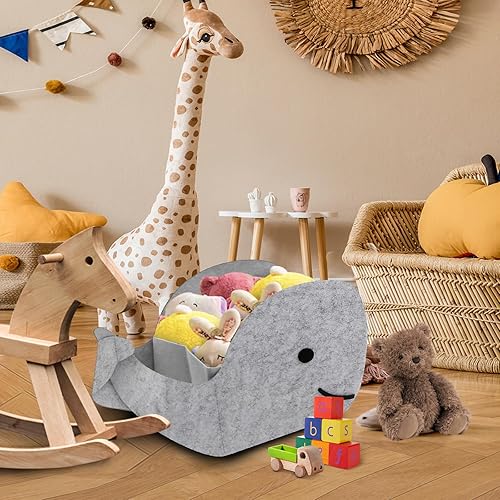 Miniatura 8 de Cesta de almacenamiento de fieltro con forma de ballena plegable y conveniente organizador de caja con asas de transporte para el hogar, dormitorio,