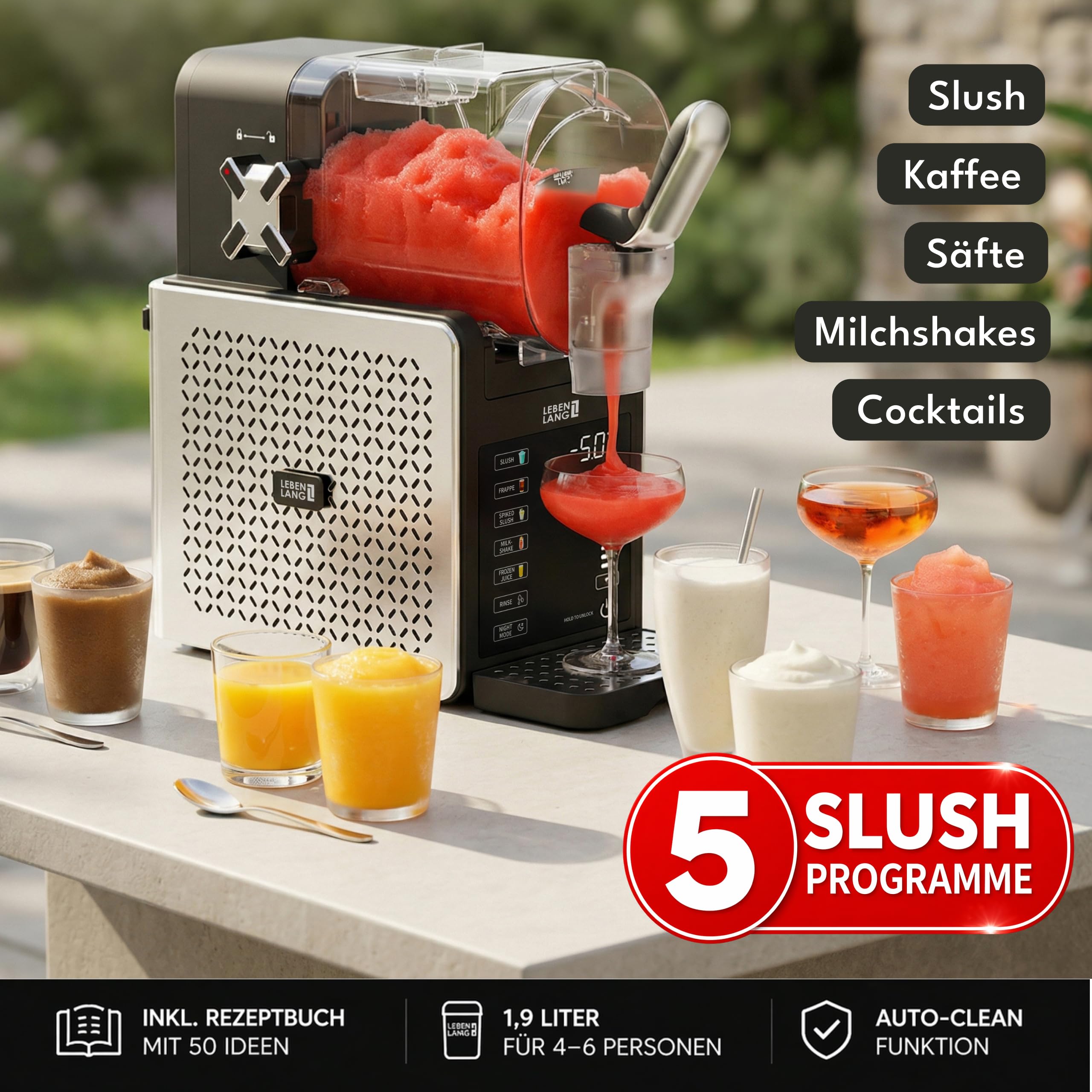 LEBENLANG Premium Slush Maschine 2L - 5 Modi & 15 Min QuickFreeze I Inkl. Rezeptbuch & Auto-Reinigung I Slush Eis Maschine für Zuhause Frozen Slushy Machine Slushie Maker Ice Slushi Maschiene