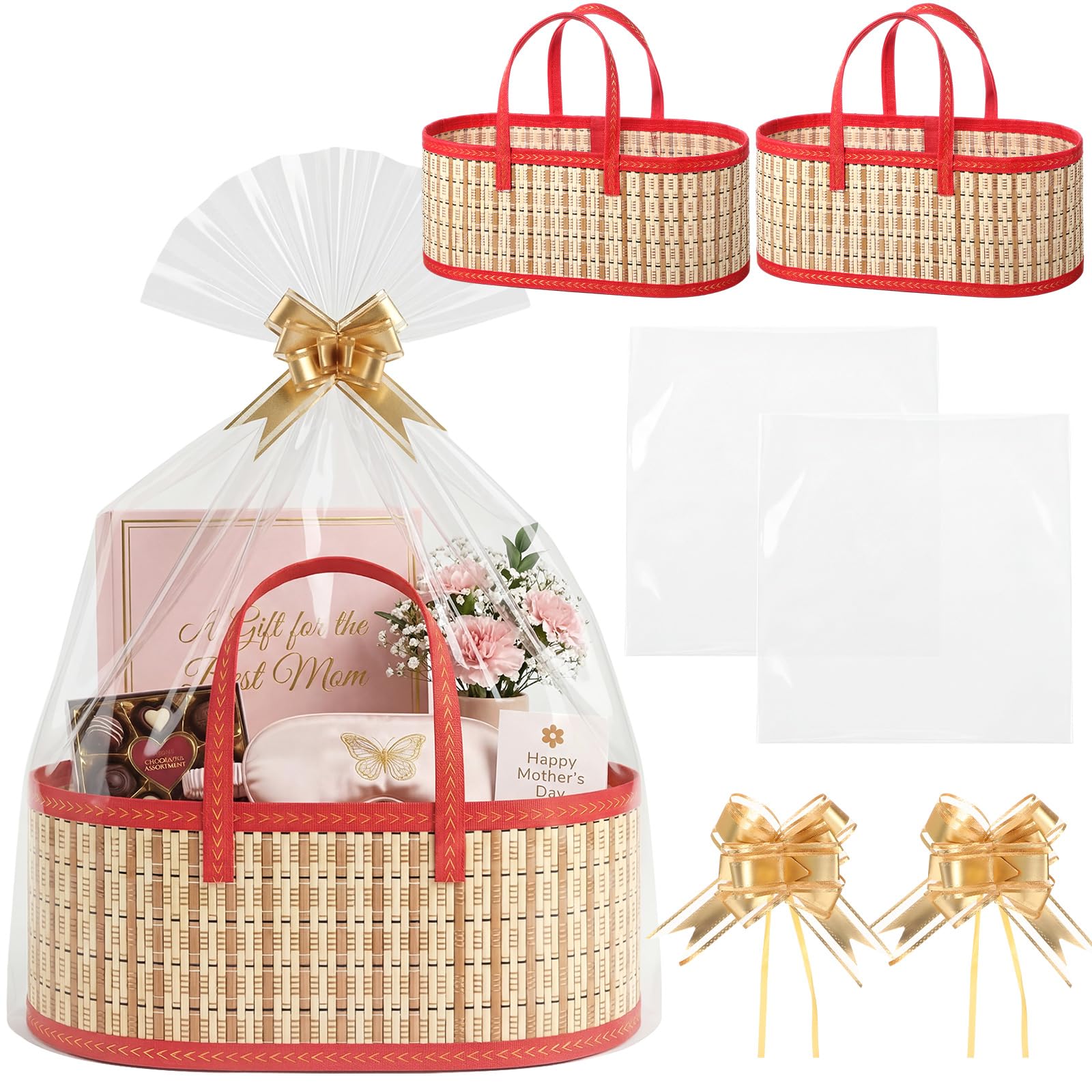 Reallnaive Set di 2 cesti regalo vuoti per la festa della mamma, 40 x 20 x 16 cm, in bambù, con manico, trasparente, per confezionare regali fai da te, compleanni, inaugurazione della casa, feste