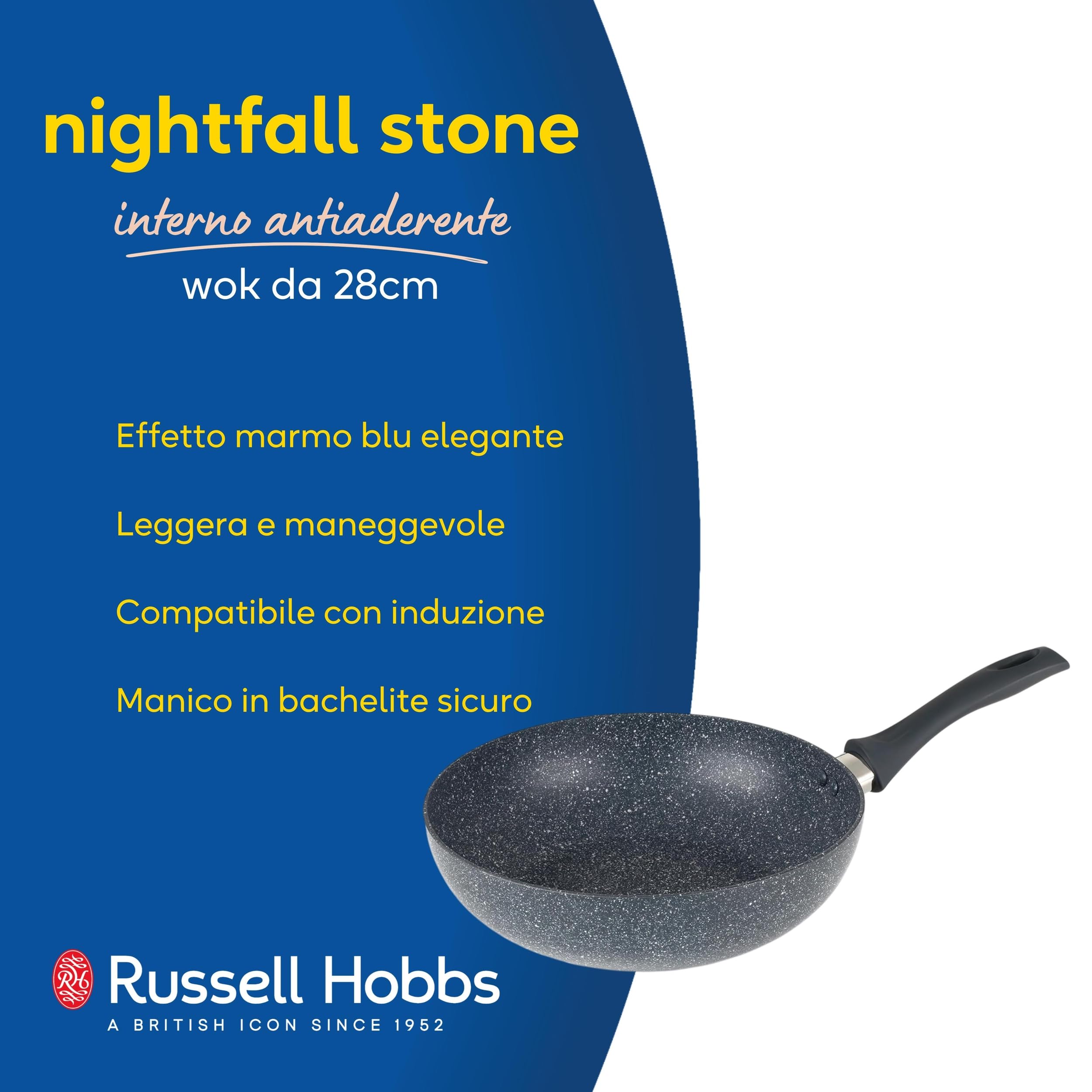 Russell Hobbs RH00851EU Nightfall Stone 28cm wok, padella soffrigante, alluminio pressato, piatto misto, piatto a induzione, Sicuro per induzione, per friggere, friggere patate/verdure, marmo blu