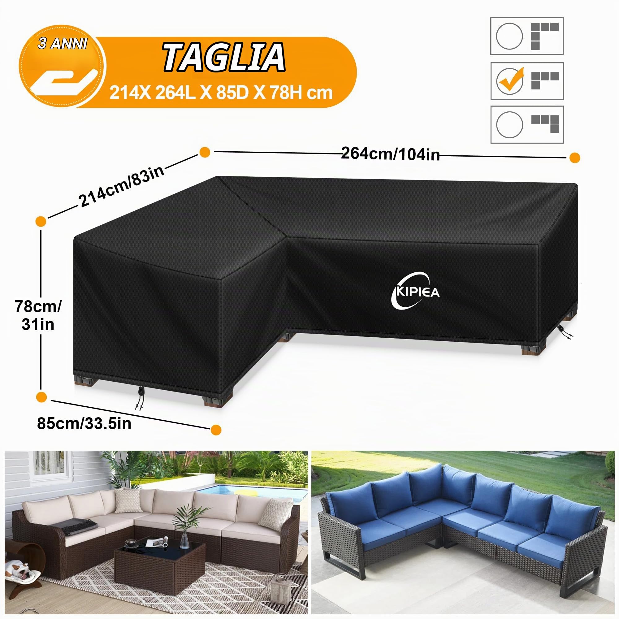 Kipiea Coperture per mobili da giardino a forma di L Impermeabili, Copertura per divano angolare da esterno 420D Tessuto Oxford Antivento, Anti-UV, Resistenti agli Strappi - ( 214x264x85x78/61cm)