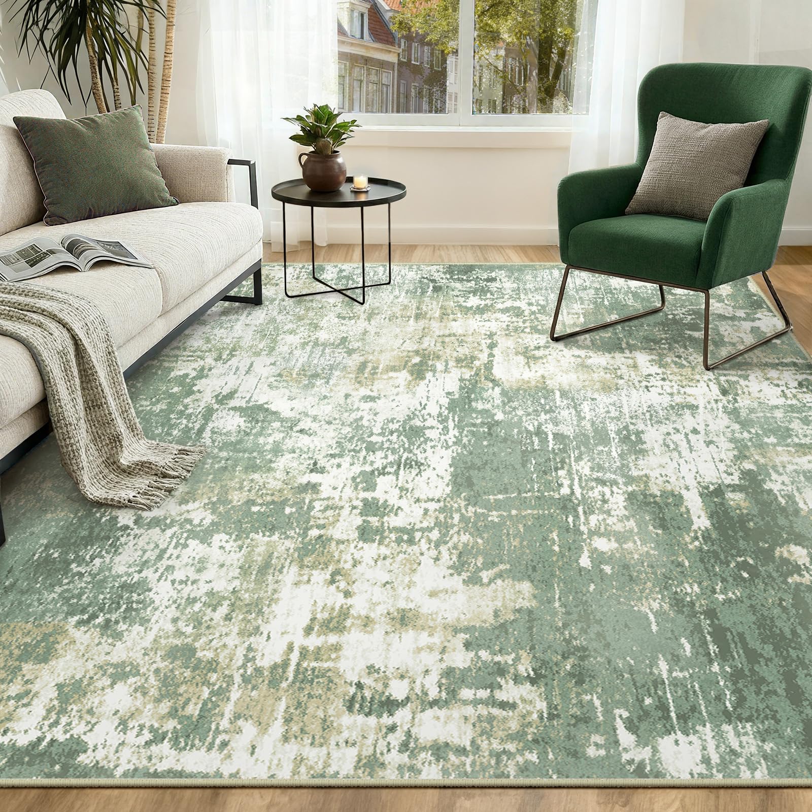INOVADAY Washable Rugs Living Room 180x270 cm Modern Abstract Rug with Soft Low Pile Vacuum Friendly Non Slip Backing Minimalist Carpet for Lounge Bedroom Dining Room Home Office Green Yellow