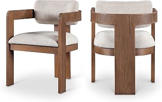 Meridian Furniture 11093Beige-C Sacha Collection Art Deco Dining Chair, Rich Beige Linen Textured Fabric, Two Tone Weave, Solid Fluted Wood Brown Finish, 22.5" W x 22" D x 31" H, Beige, Set of 2