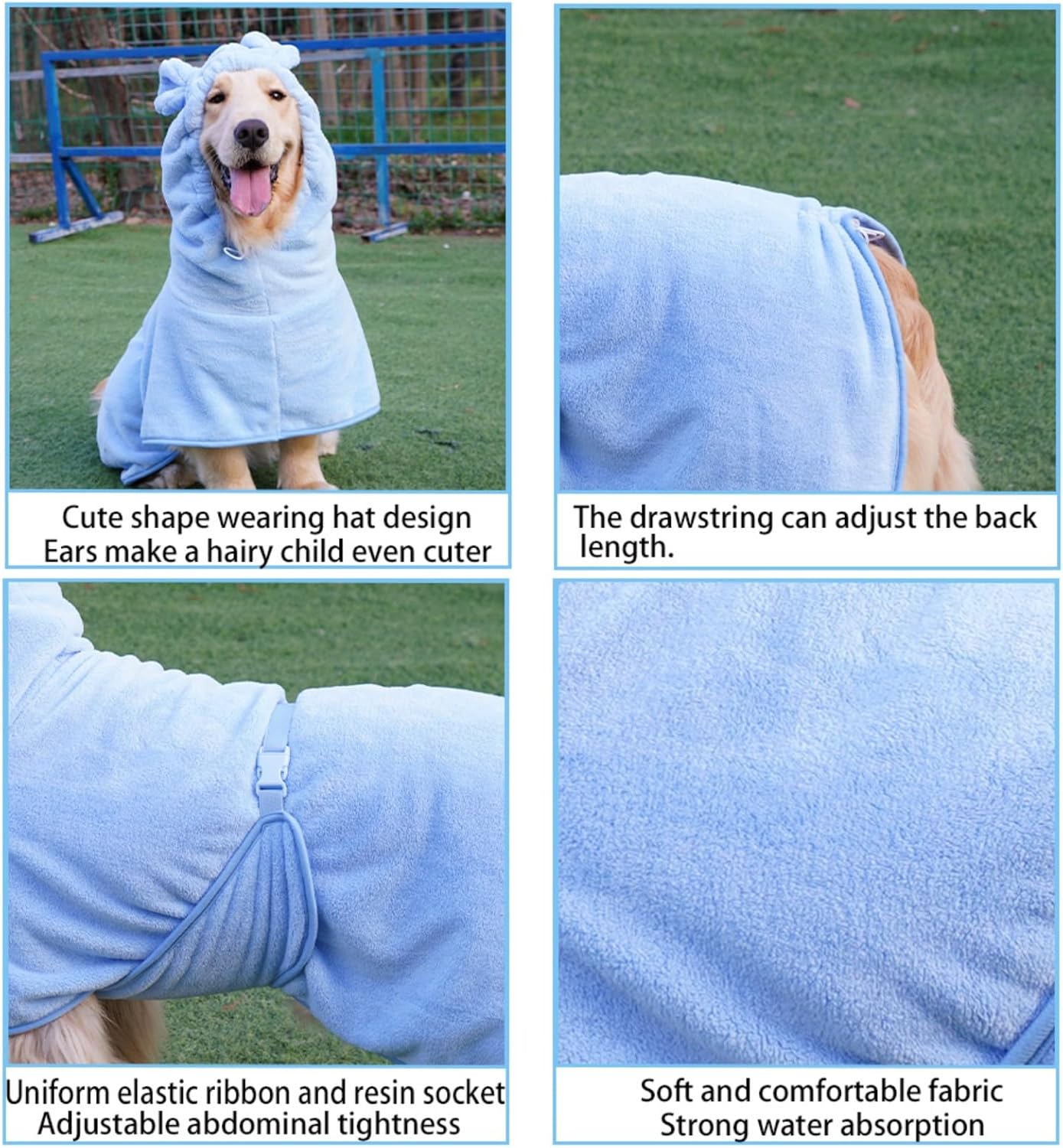Dog Bathrobe Towel, Cat Bathrobe Microfiber Fast Drying Absorbent Hooded Bath Towel for Puppy Small Medium Large Dog Cat(Blue,M)