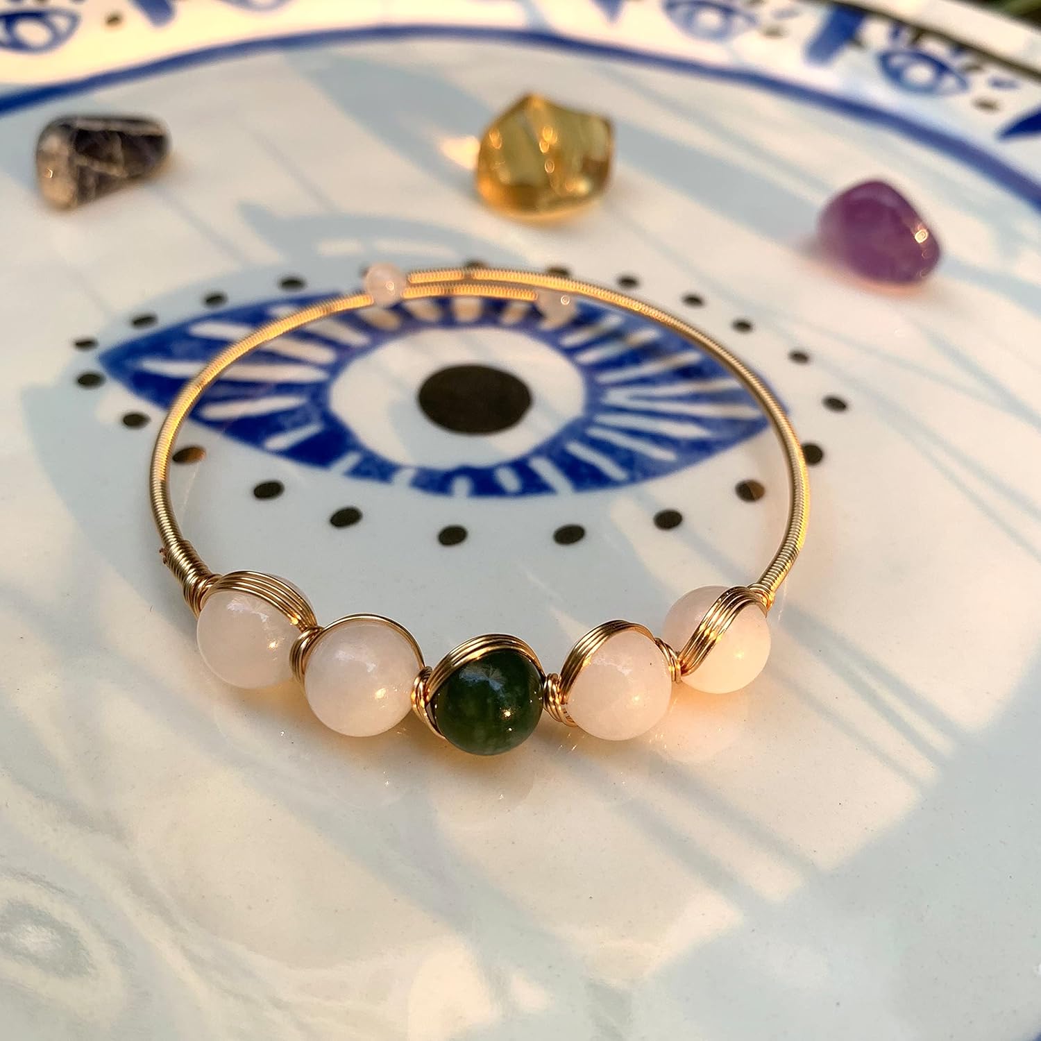 Handmade Genuine Jade Bracelet 14k Gold Filled Wire Wrapped, Feng-shui Stone Chakra Healing Gemstone Crystal Beads Adjustable Bangle Cuff Jewelry Gift for Women - Image 6