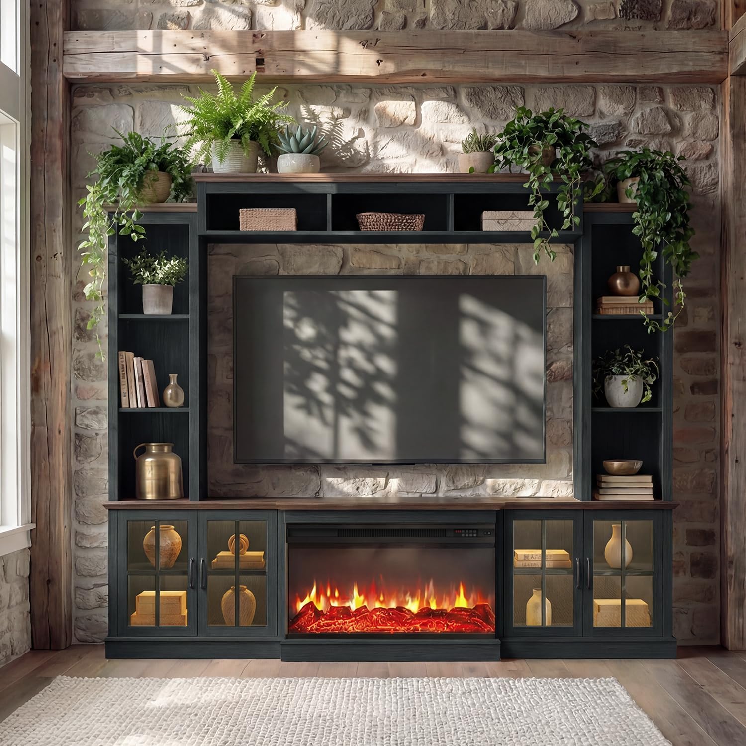 98" Farmhouse Entertainment Center with Fireplace TV Stand, Bookshelf, Wine Cabinet, Fits TVs up to 75", Wall Unit Media Console with Power Outlets and Barn Doors for Living Room, Black