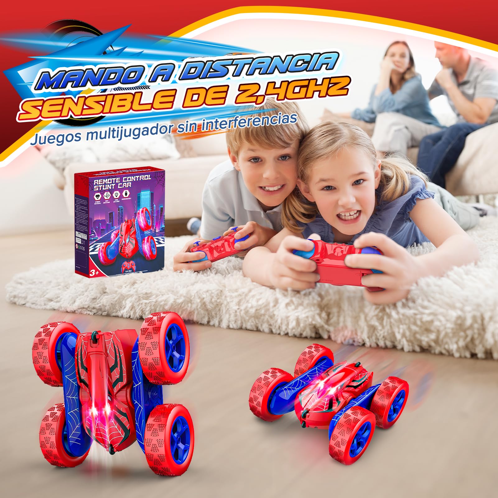 Dreamlandia Coche Teledirigido Niños 3 4 5 6 7 8 Años, 2,4Ghz, 360° Rotación con Luces, Coche RC Monster Truck Juguete Niños Niñas 3-12 Años, Type-C Batería Recargable, Regalo Cumpleaños Navidad