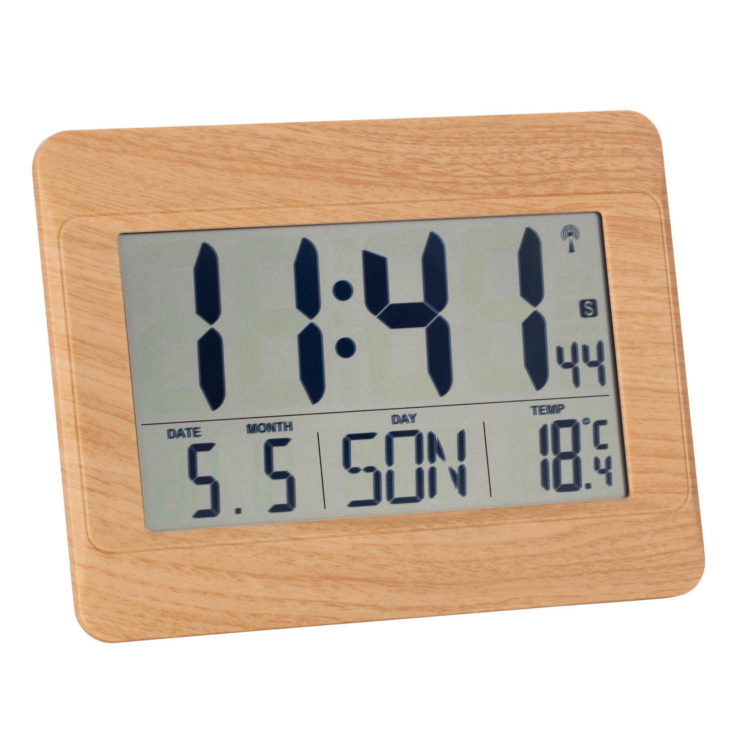 TFA Dostmann Reloj de pared digital, 60.4519, radio reloj con temperatura interior, día de la semana (8 idiomas), fecha, ajuste de zona horaria, plástico, 215 x 160 x 26 (68) mm (efecto madera)