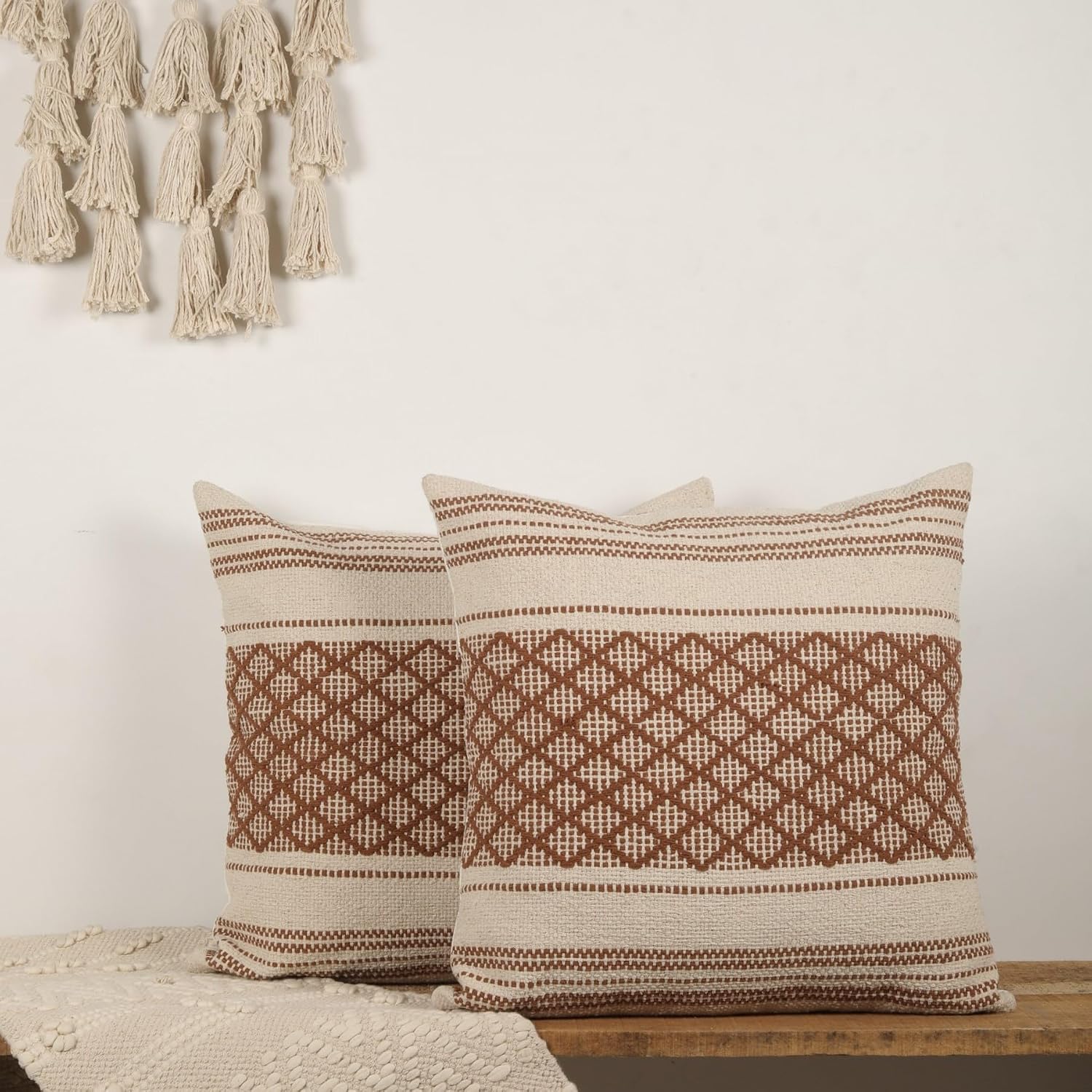Trade Star Set of 2 Handloomed 100% Cotton Pillow Covers – 20x20 Rustic Boho Cushion Cases for Farmhouse, Fall & Christmas Decor – Indoor/Outdoor Use