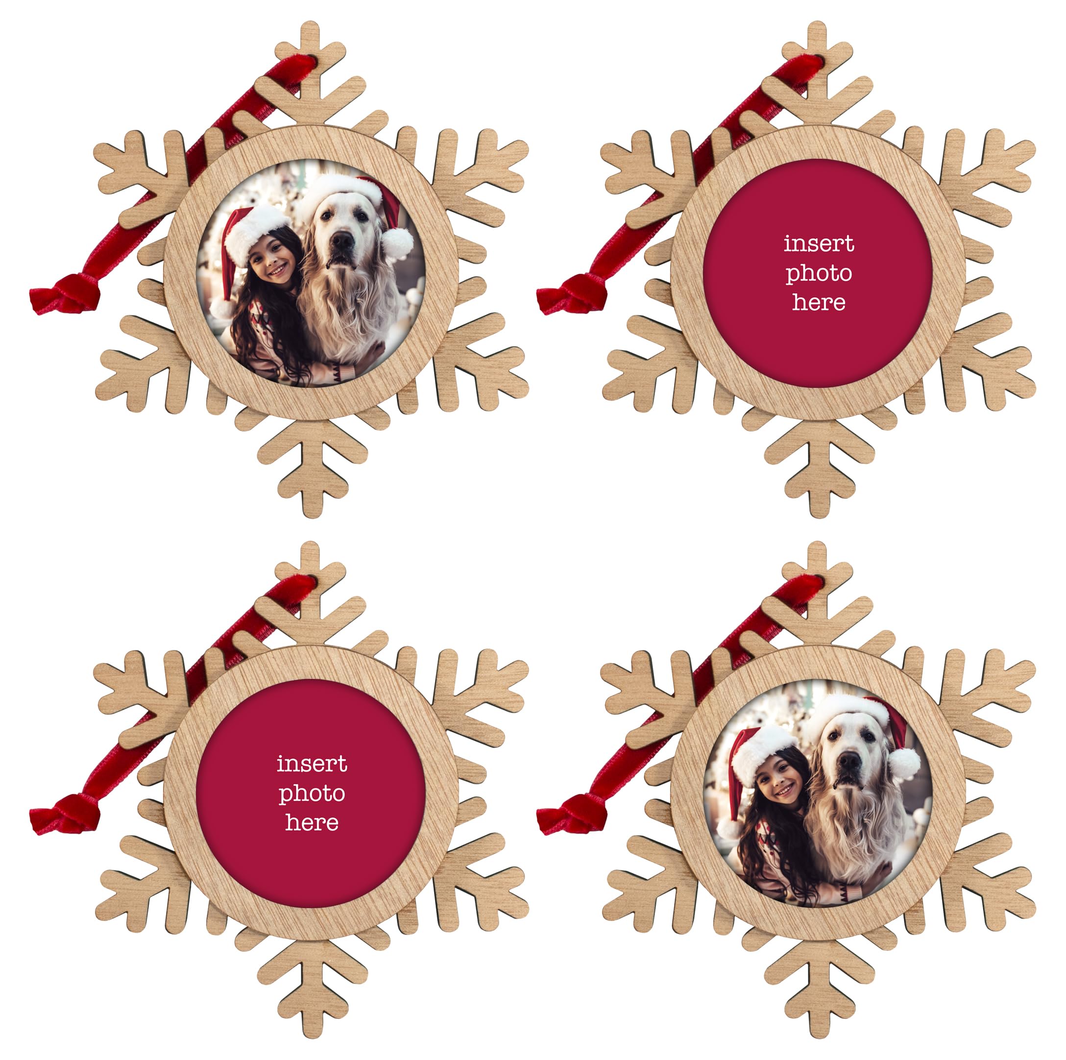 Shot2go Snowflake Pack Of 4 Wooden Christmas Baubles - Each Holds One 58Mm Photo