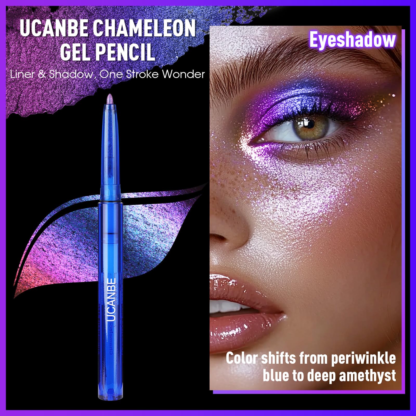 UCANBE Chameleon Eyeshadow & Eyeliner Gel Pencil-Multichrome Shifting Colors Metallic Glitter Eye Makeup,Waterproof Long-Lasting Smudge-Proof Multi-Dimensional Color (Periwinkle Blue to Deep Amethyst) - Image 2