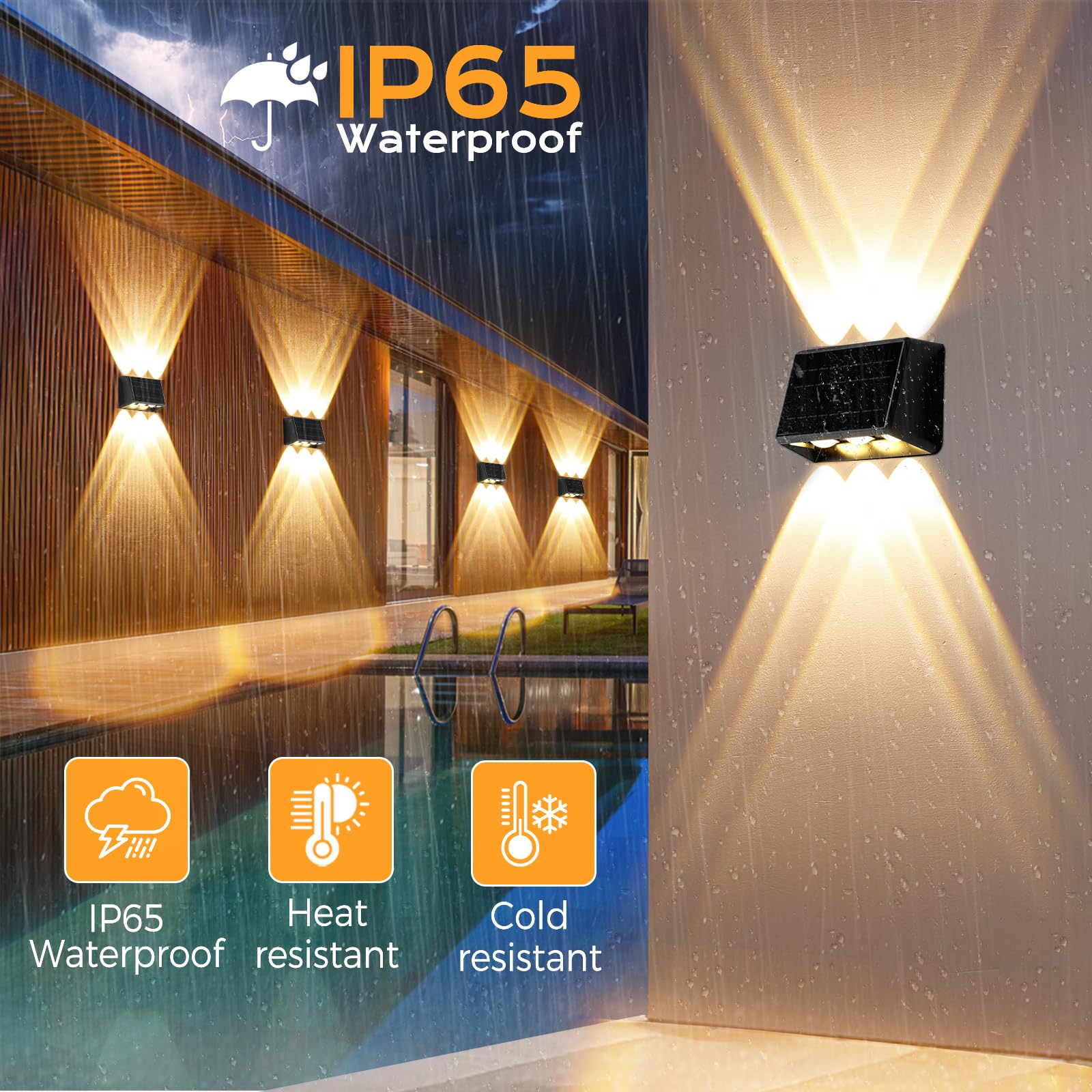 Quntis Applique da Esterno Solare Doppia Luce Bianca Calda e Colore 6 LEDs ad Alta Potenza, 13 Modalità, Lampada Solari da Esterno Parete Impermeabile IP65 per Recinzione Giardino Terrazze-Grande