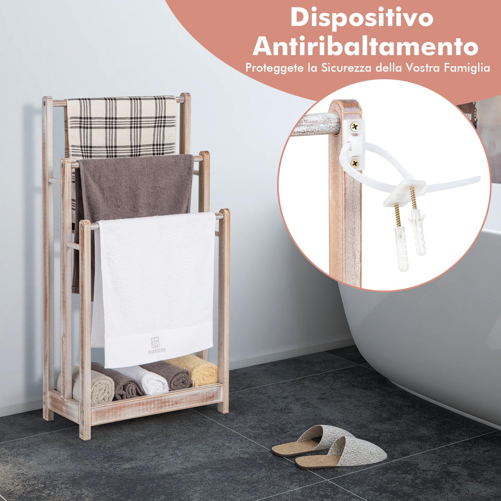 COSTWAY Portasciugamani in Legno da Terra, Porta Asciugamani a 3 Livelli con Mensola Inferiore, Dispositivo Anti-Ribaltamento, Supporto Leggero per Asciugamani da Bagno e Stanza Lavanderia (Bianco)