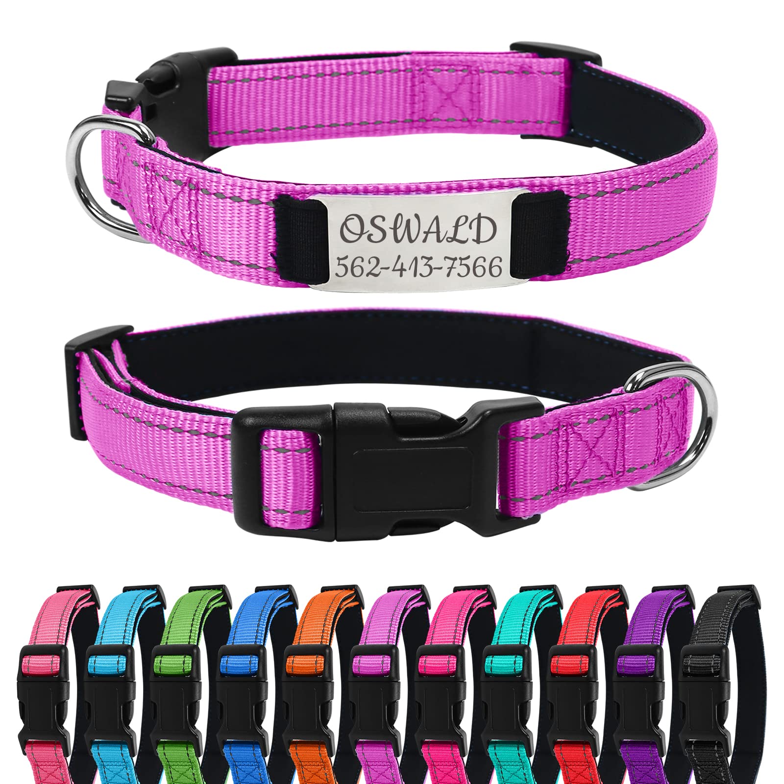 Uiopa Reflective Dog Collar with Name Plate, Personalised Dog Collars with Name & Phone Number, Adjustable Dog Collar for Small Medium Large Dogs, Medium Dog Collar Purple