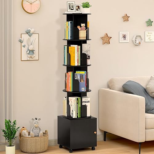 UROSULO Rotating Bookshelf Bookcase, 5 Tiers Tall Corner Bookshelf Kids, 360 Display Bookshelf Floor Standing Bookcase Storage Rack Tower, Book Shelf Organizer for Bedroom, Living Room, Black