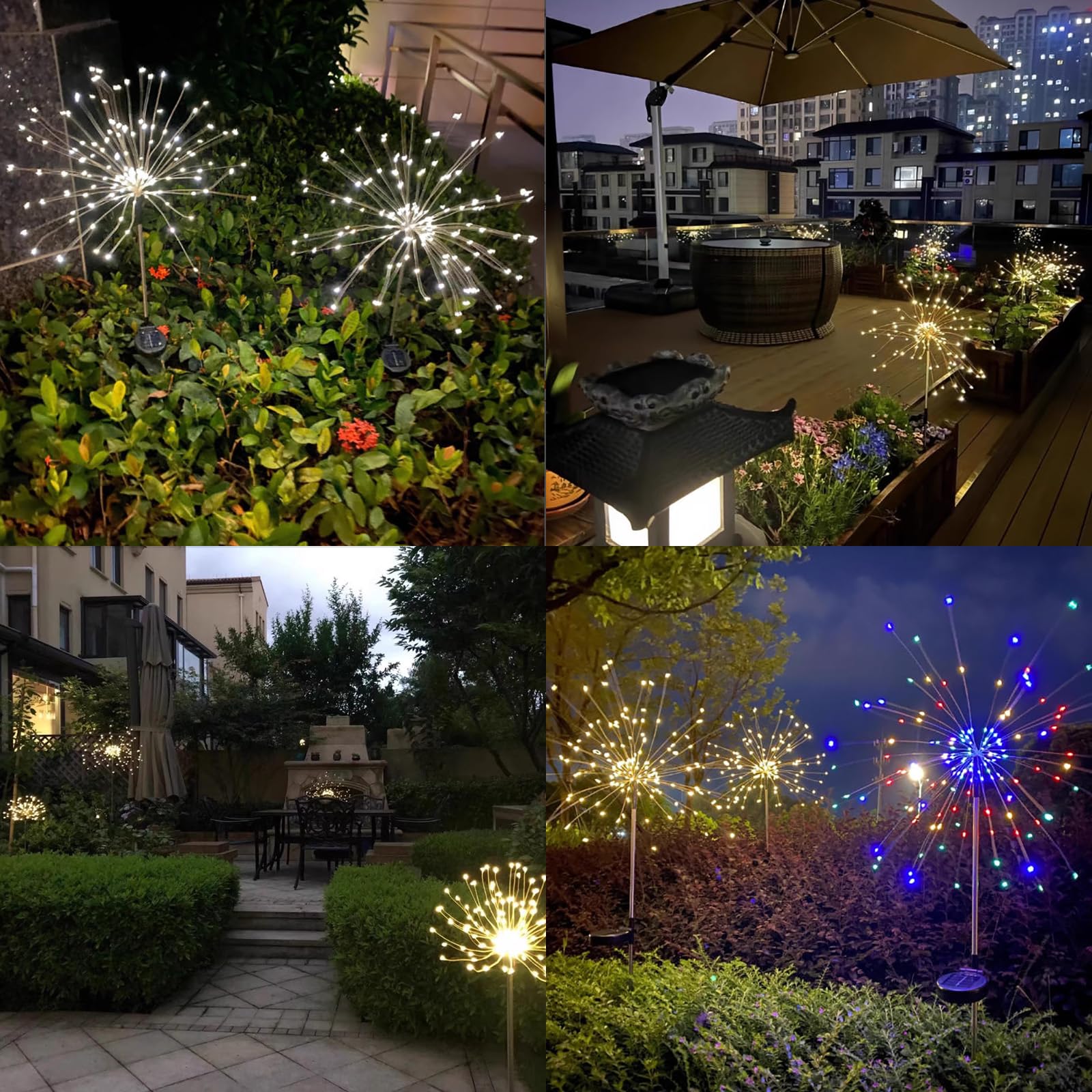 Guirnalda de luces solares para exteriores, luces LED de diente de león, 8 modos, luces inteligentes de fuegos artificiales, luces automáticas en la oscuridad para jardines, arbustos