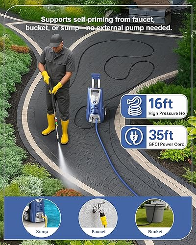 Miniatura 6 de Arandela de 1600 W con juego de 5 boquillas y cañón de espuma, manguera de 16 pies, mango ajustable, lavadora eléctrica para calzadas, automóviles,