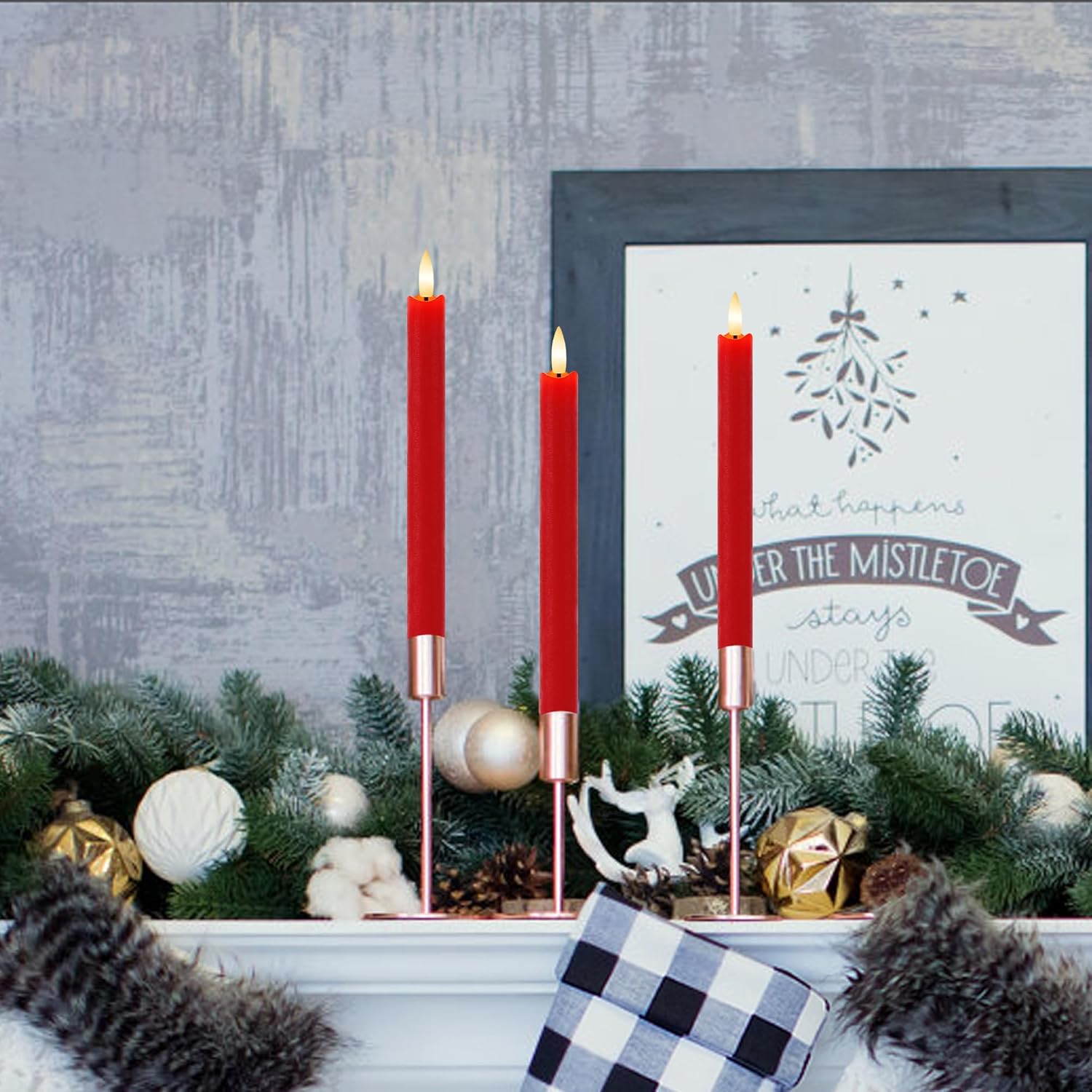 Red Flameless Taper Candles 9.6" Christmas LED Candles Real Wax with Remote Timer, Battery Operated LED Candles Set with 3D Flickering Flame, Classic Flickering Candlesticks for Home, Party, 6 Pack