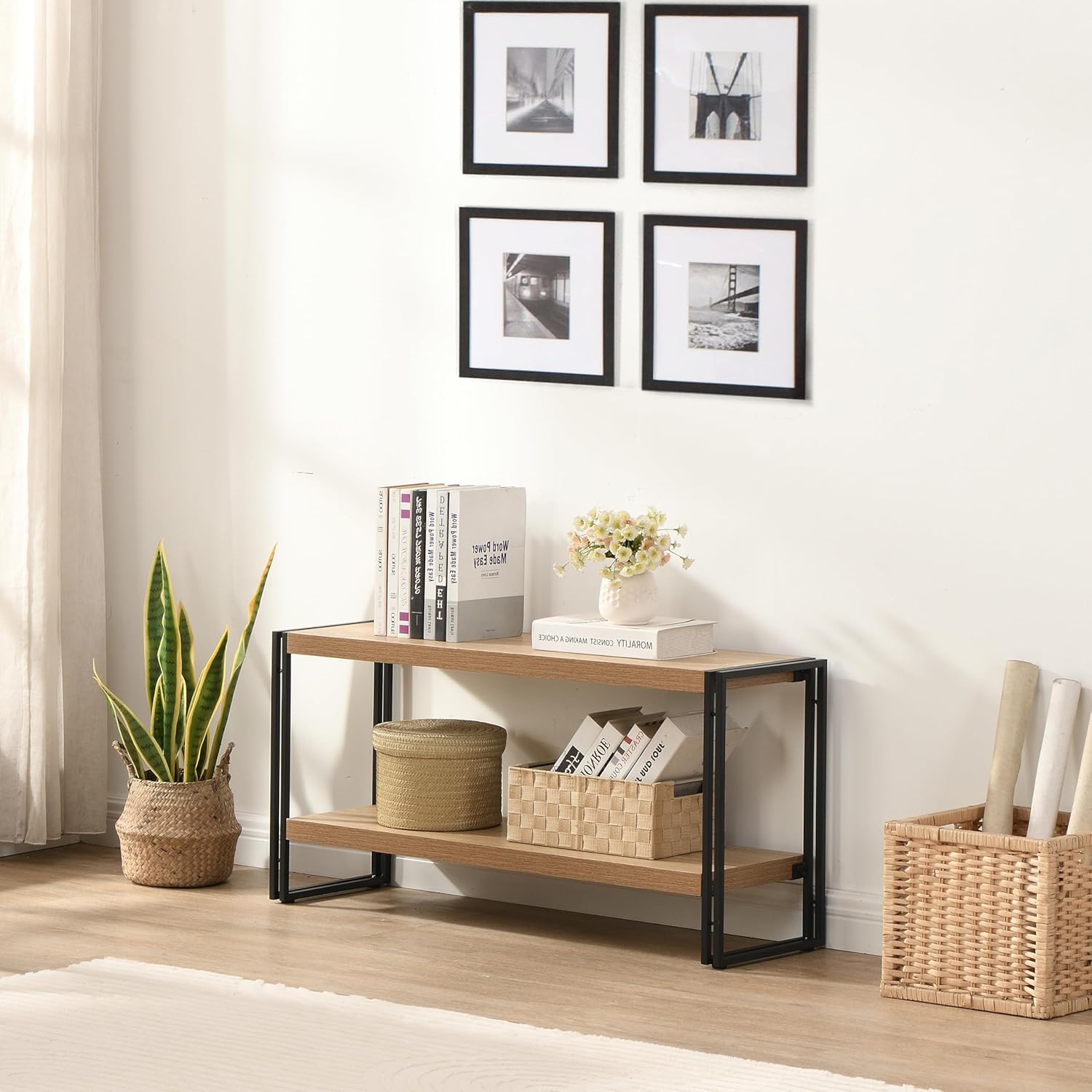 Small Industrial Bookshelf 2 Shelf Bookcases and Book Shelves for Living Room/Bedroom Wood Metal Rustic Oak