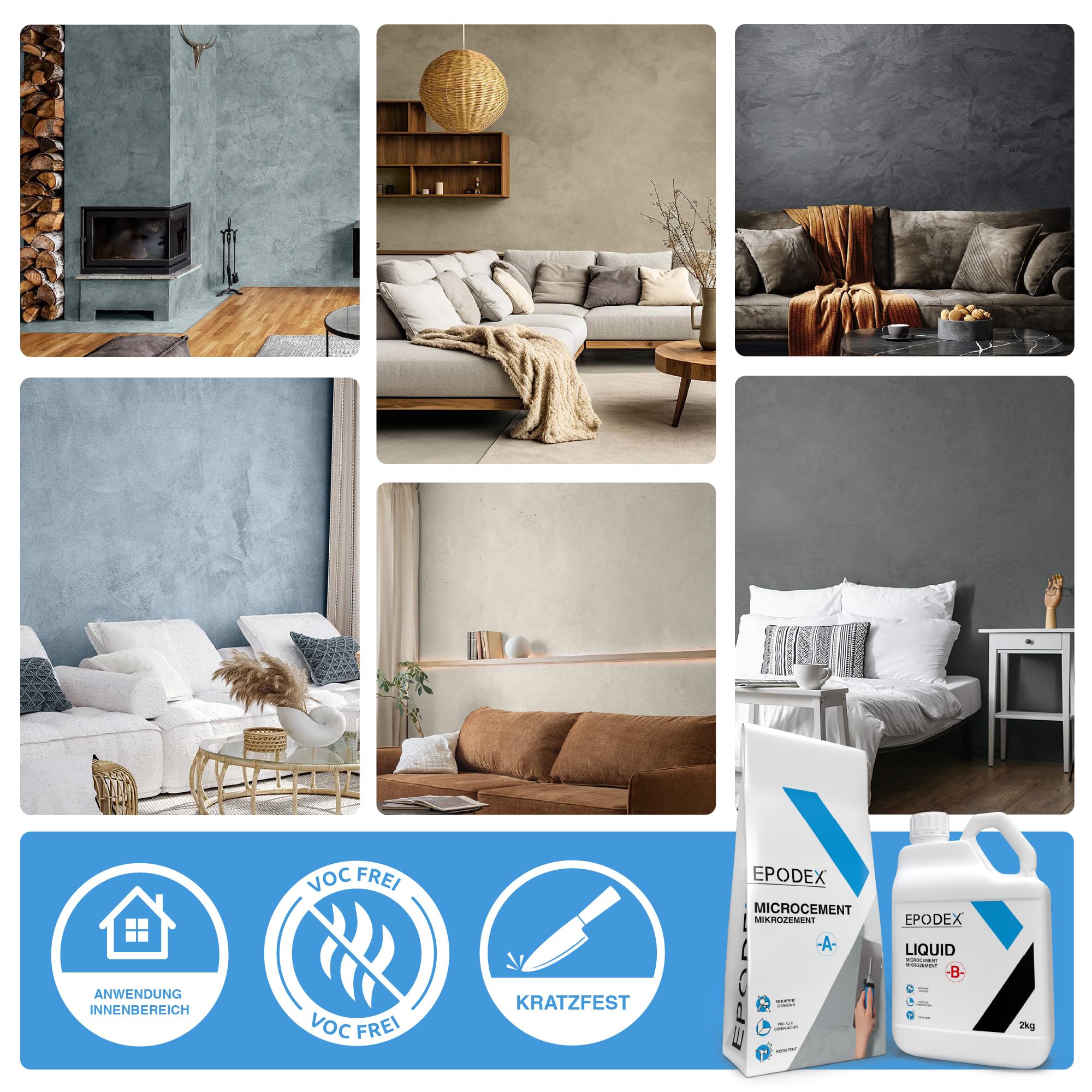 EPODEX Mikrozement Set für Wände - Ivory | Strukturputz & Designspachtel für Bad, Küche & mehr, Inkl. Spachtelmasse & Harz, Innen/Außen, 7m² für 2 Anstriche