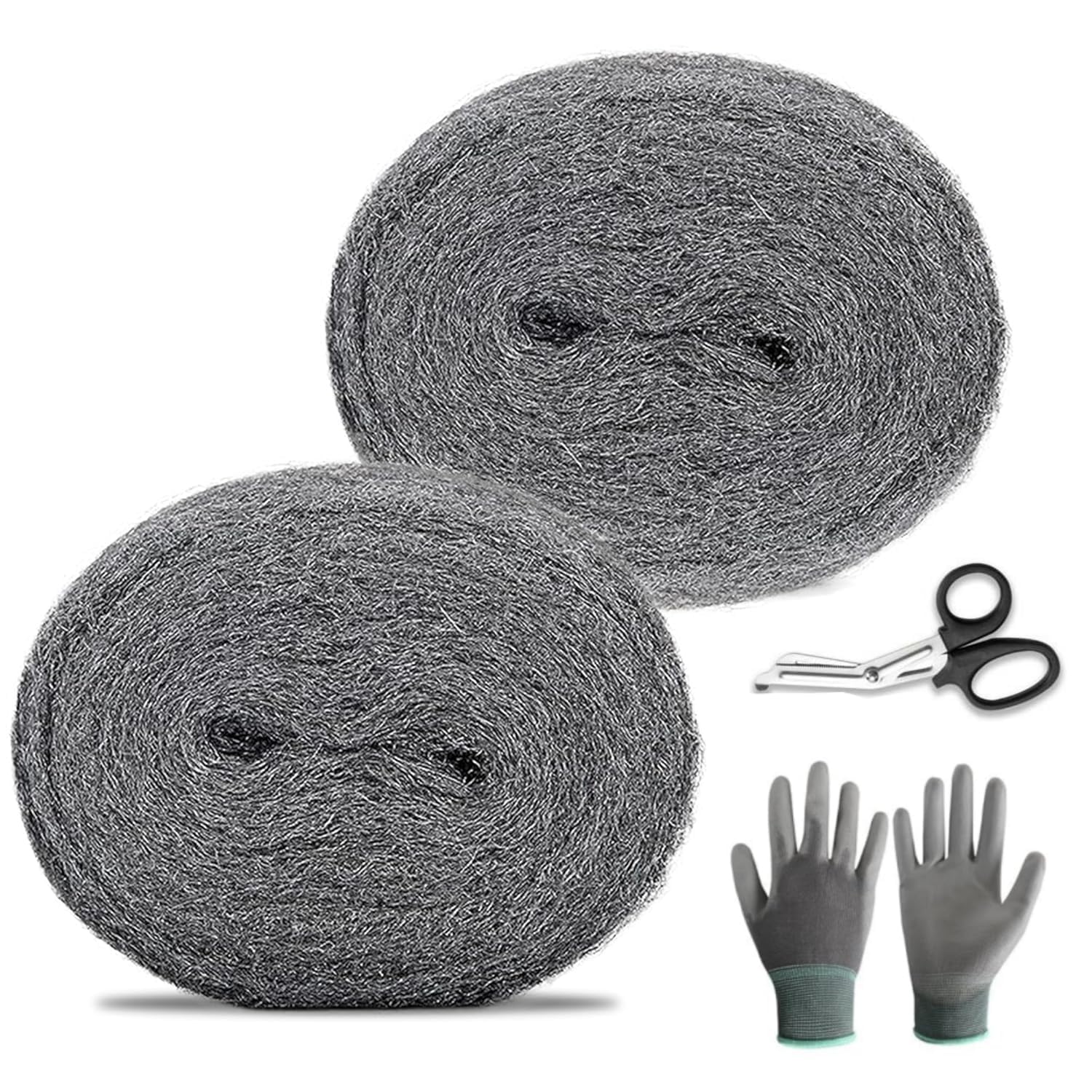 Muiltvoe Steel Wire Wool Mice, 0000 Steel Coarse Wire Wool Gaps Blocker with Work Gloves and Scissors, Wire Rodent Control DIY Fill Holes Fabric Kit (2 Pack x 3m)