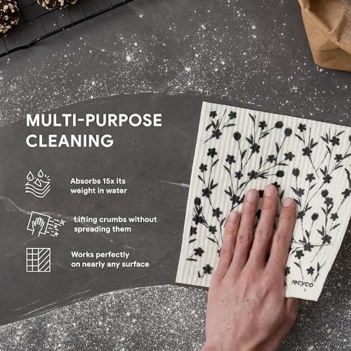 Miniatura 4 de RECYCO Paños suecos para cocina  5 paquetes de trapos geométricos lavables  Toallas de papel de limpieza reutilizables de celulosa  Paño de cocina