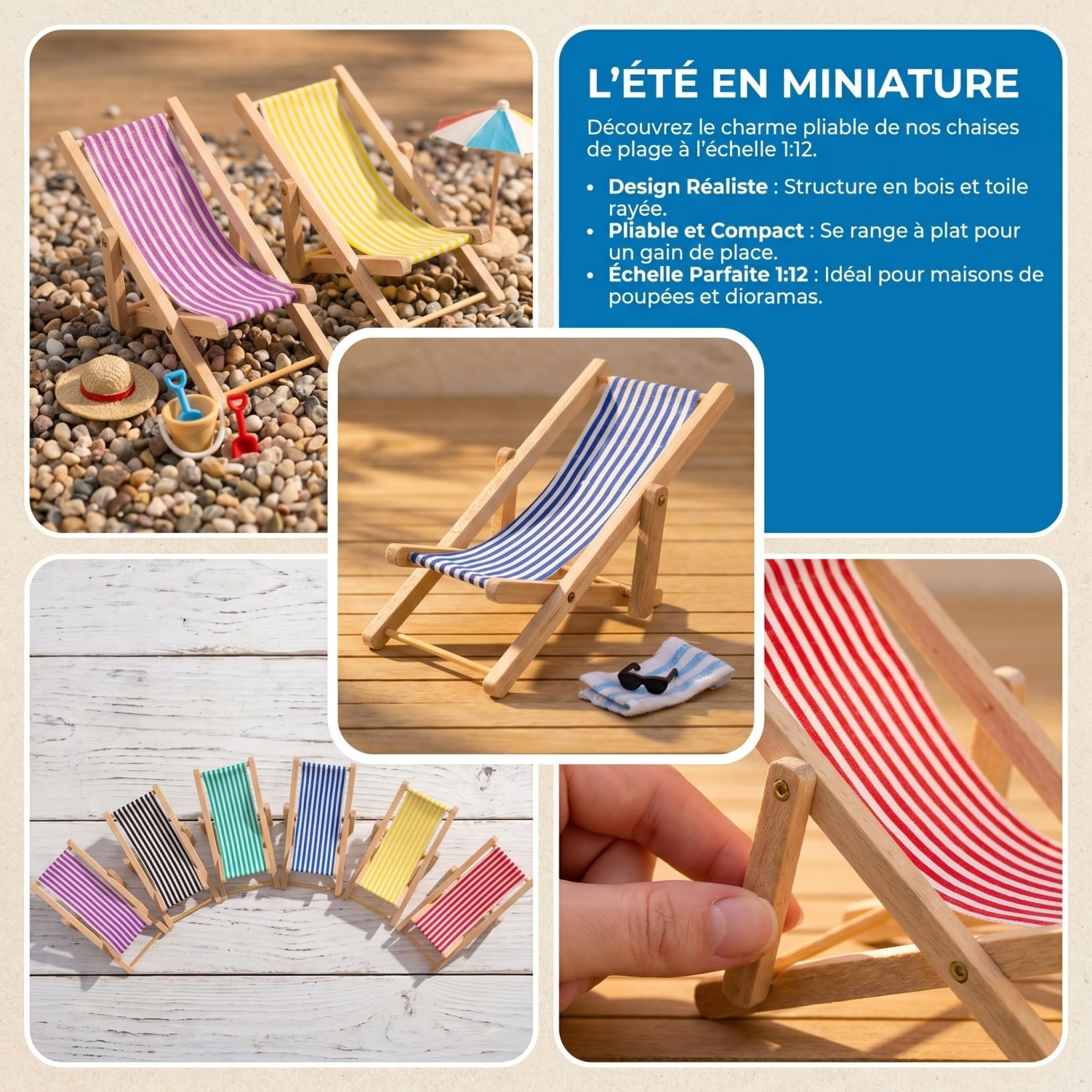 ibasenice 6 Pièces Miniature Chaise de Plage Pliable en Bois et Tissu, Transat Miniature 1:12 pour Maison de Poupée, Accessoire Décoration Micro Paysage, Couleurs Mixtes