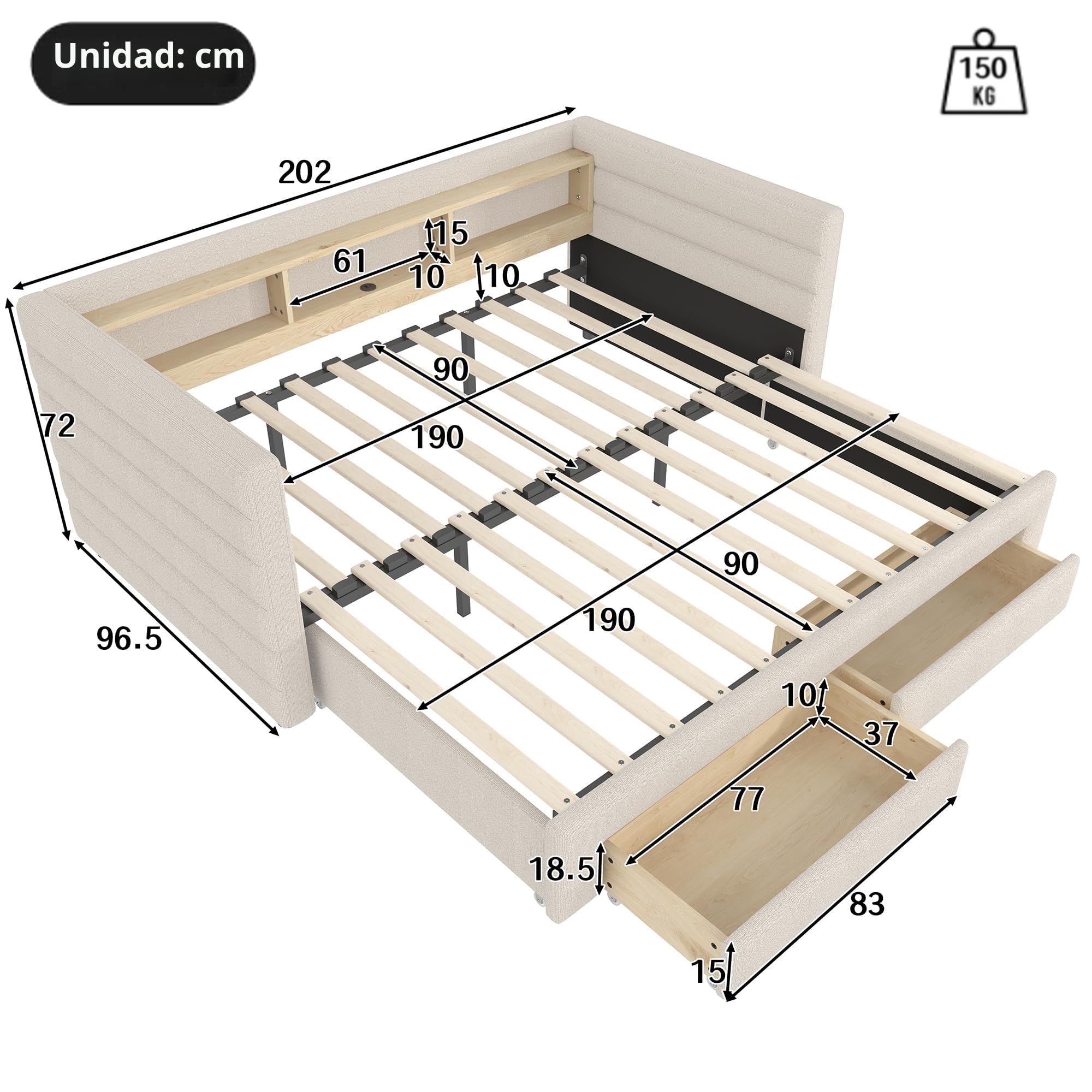 Soweiz Cama diurna, sofá cama, 90 x 190 cm, diseño de cama extraíble, USB + conectores tipo C, con dos cajones, varios compartimentos de almacenamiento, barra de luz, sin colchón, terciopelo (beige)