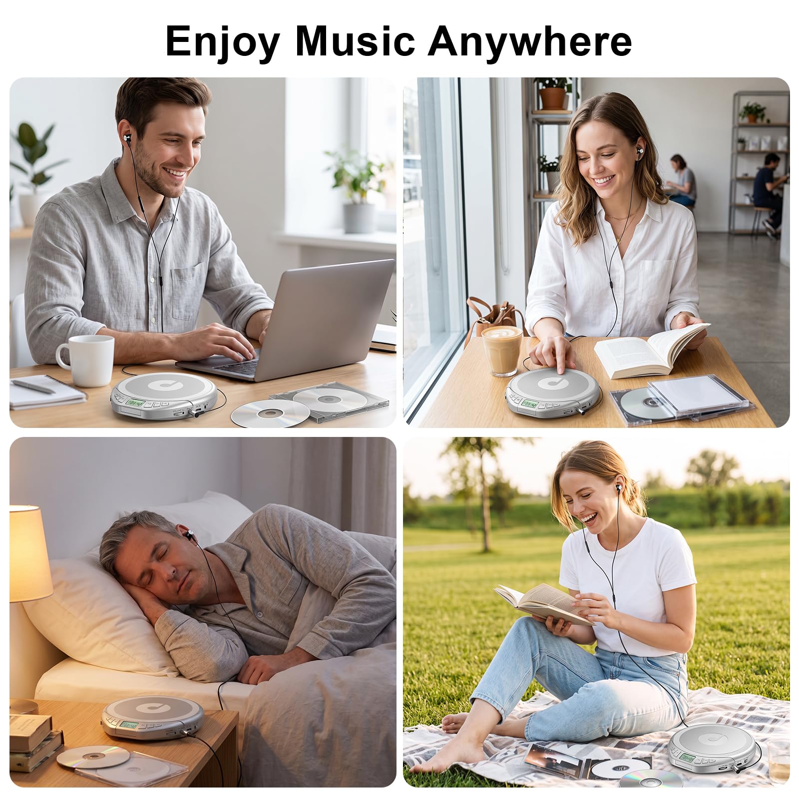 Gueray Lettore CD portatile con auricolari, CD Discman per auto e casa, con protezione anti-skip antiurto, lettore CD personale Discman con display LCD, supporta la funzione di memoria PROG (H-01