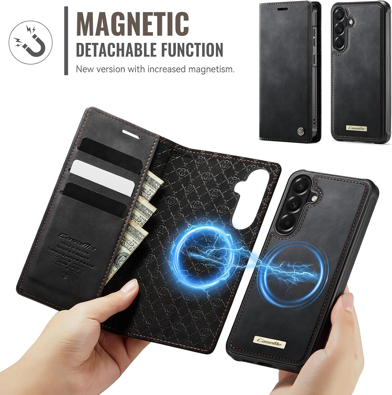 for Samsung Galaxy A57 5G 2-in-1 Magnetic Detachable Leather Wallet Case with Card Holder, RFID Blocking, Kickstand & 360° Protection, Compatible with Magnetic Charging Devices (Black)