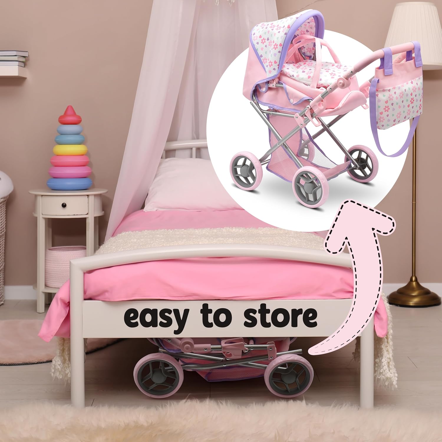 Baby Doll Convertible Pram Stroller with Removable Travel Bassinet Carrier for Kids Adjustable Handle Buggy Carriage with Canopy and Storage Basket 25 Inch Purple