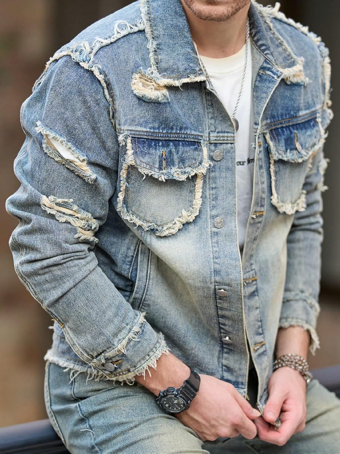 Denim Jacket Men,Men's Stretch Slim Fit Jean Jacket,Classic Ripped Trucker Denim Coat,Men Fashion Outdoor Jacket - Image 4