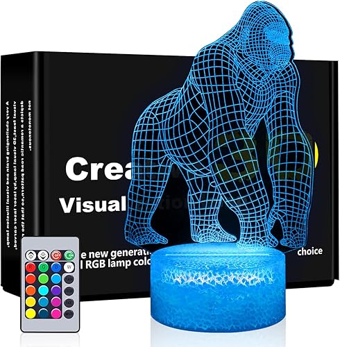 BASSI Lámpara 3D Gorilla para niños, 16 colores cambiantes, control remoto, luz nocturna 3D, juguete de gorila, regalos de cumpleaños y Navidad para