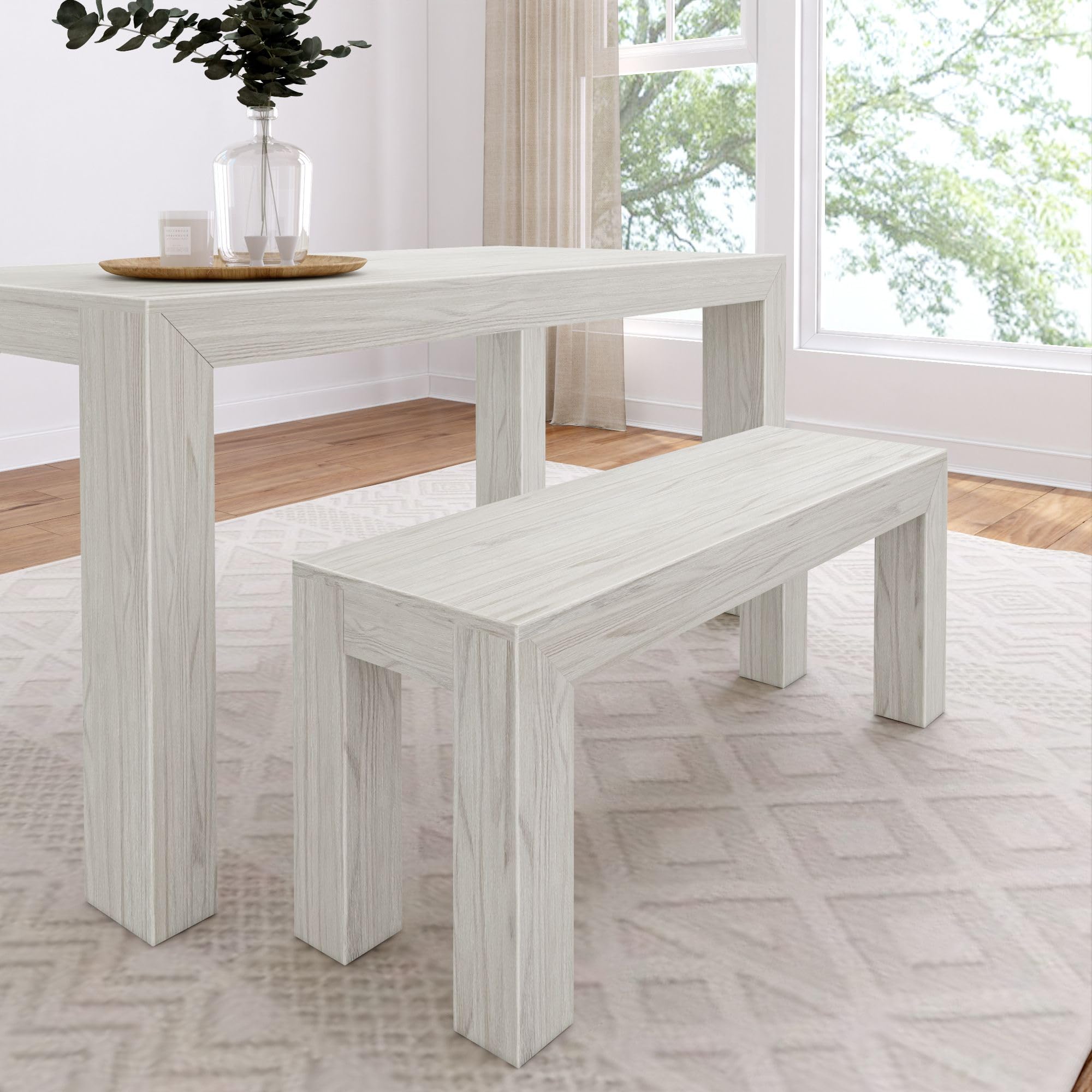 Plank+Beam Modern Dining Bench, 49 Inch, White Sand Wirebrush | Non-Toxic Finishes, Modern Design, Easy Assembly, Modern Style, Quick Setup, Solid Wood