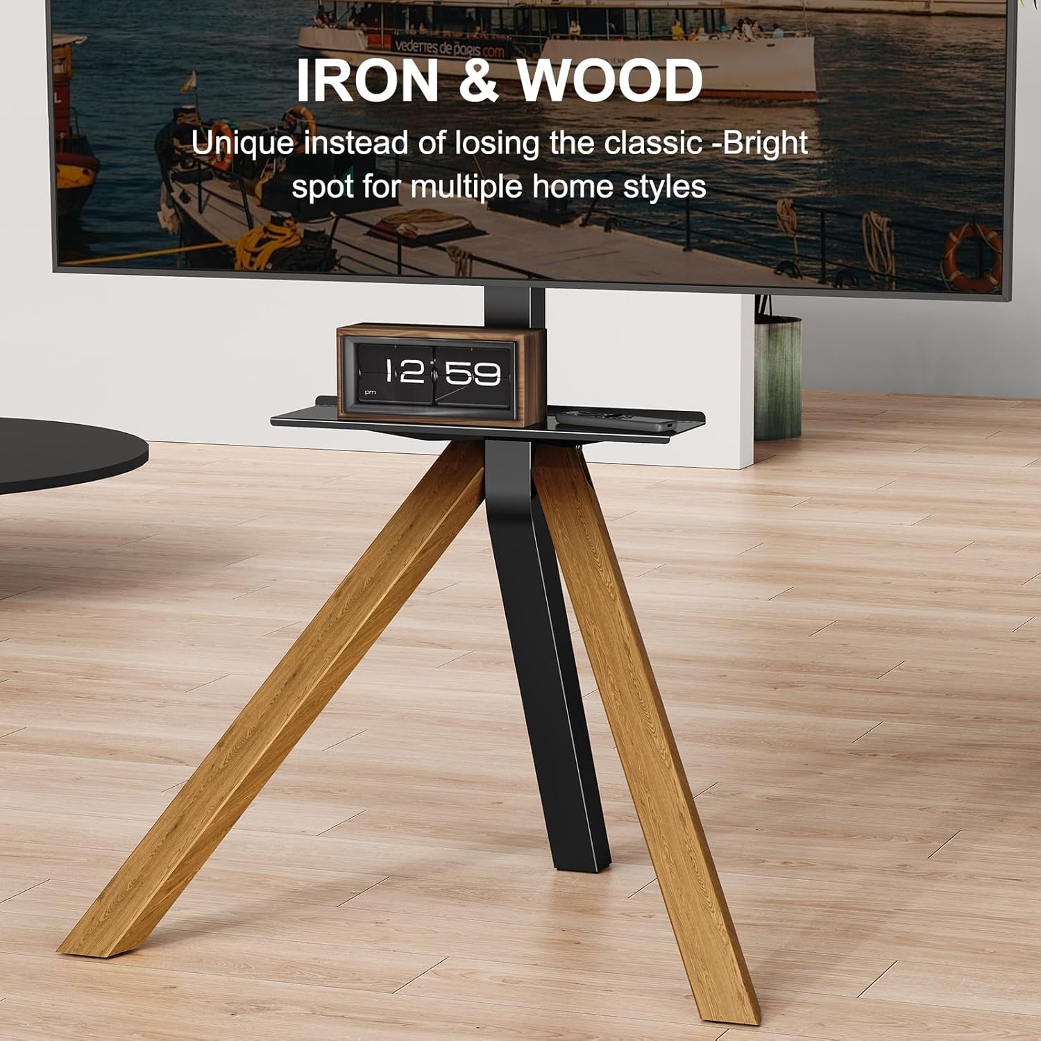 Tripod Easel TV Stand for 32 to 75 Inch LCD LED OLED Screen, Modern Floor TV Stand with Swivel Mount, Wooden Legs Minimalist Style, Portable Corner TV Floor Stand with Tray TV Mount (Light Walnut)