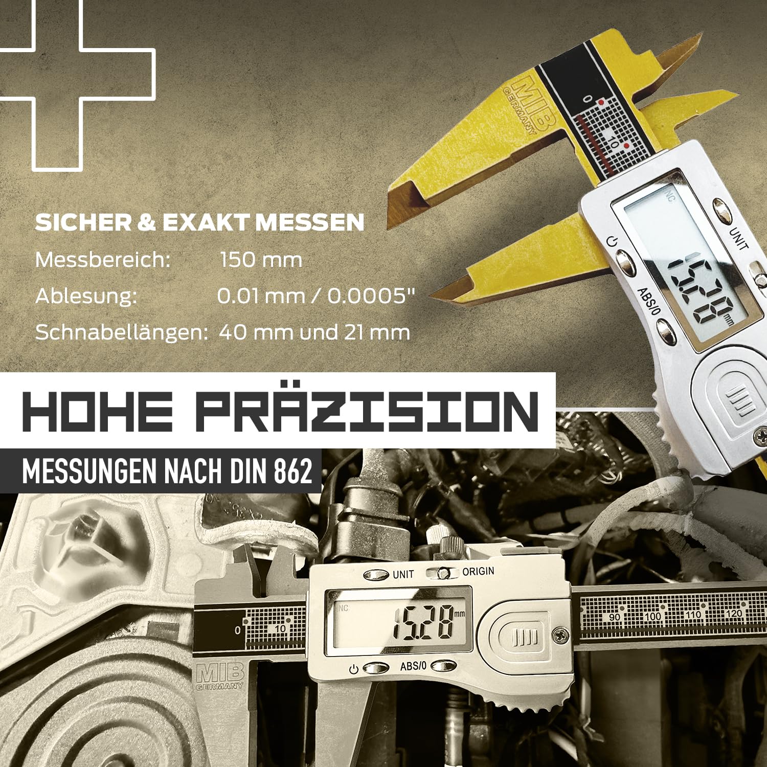 MIB Calibro digitale con sistema assoluto e rivestimento TiN DIN 862, 150 mm, misuratore di precisione, misurazione a 4 livelli, calibrazione, set di utensili digitali con batteria da 3 V e scatola di