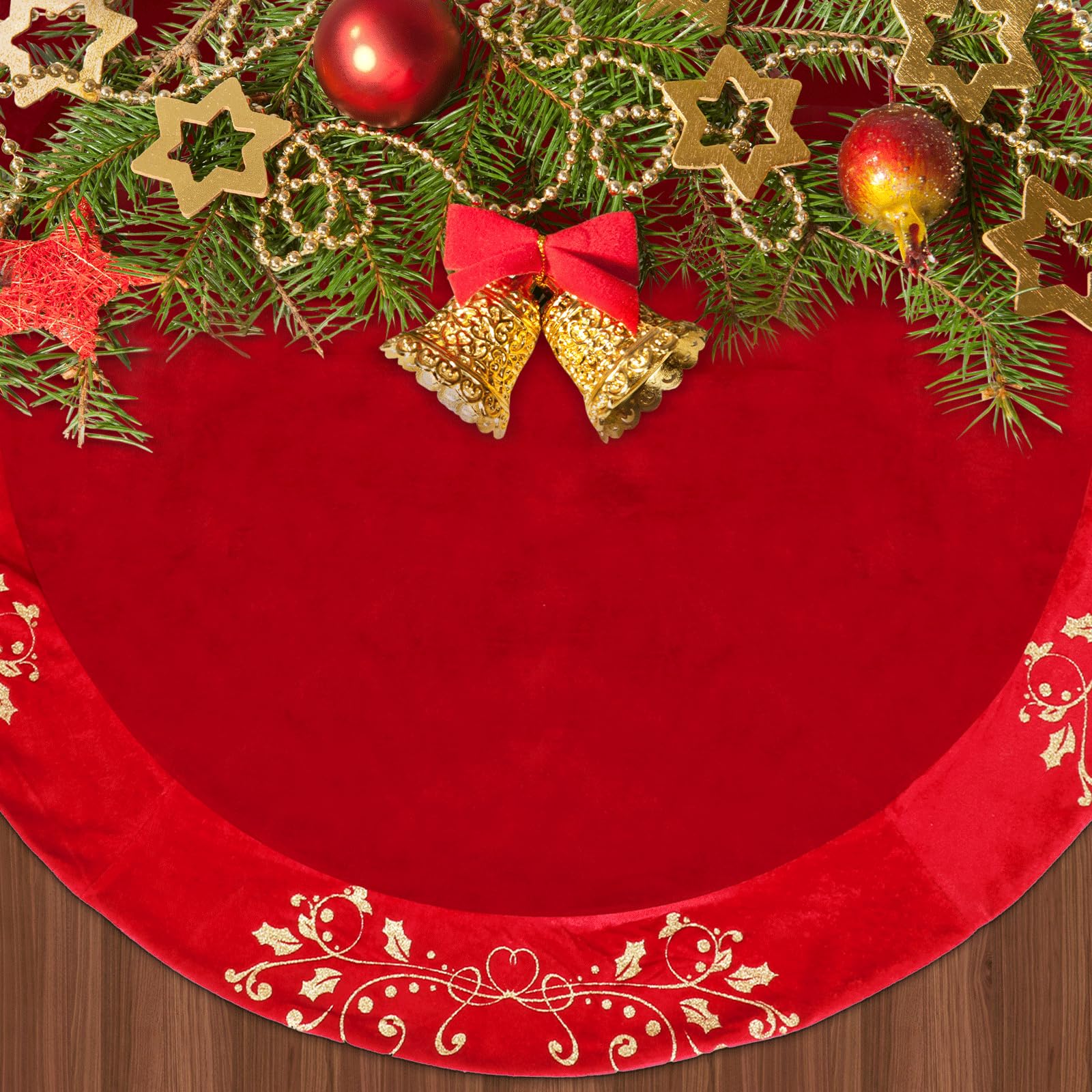 QOUBAI 48inch Christmas Tree Skirt Red Luxury Velvet Plush Fur Tree Skirts Xmas Velvet Tree Skirt with Embroidered Holly Leaves Gold Hot Stamping Tree Xmas Skirt for Christmas Holiday Party Decor