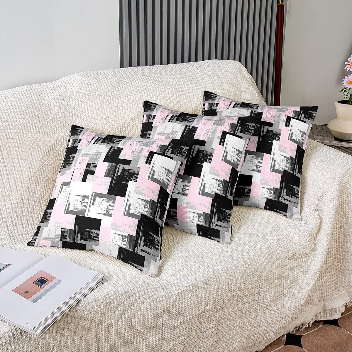 Loussiesd Pink Grey Black Reversible Throw Pillow Covers Kids Buffalo Check Pillow Covers Home Decor for Geometric Square Cushion Covers Set of 2 Modern Abstract Art 16x16 Inch - Image 4